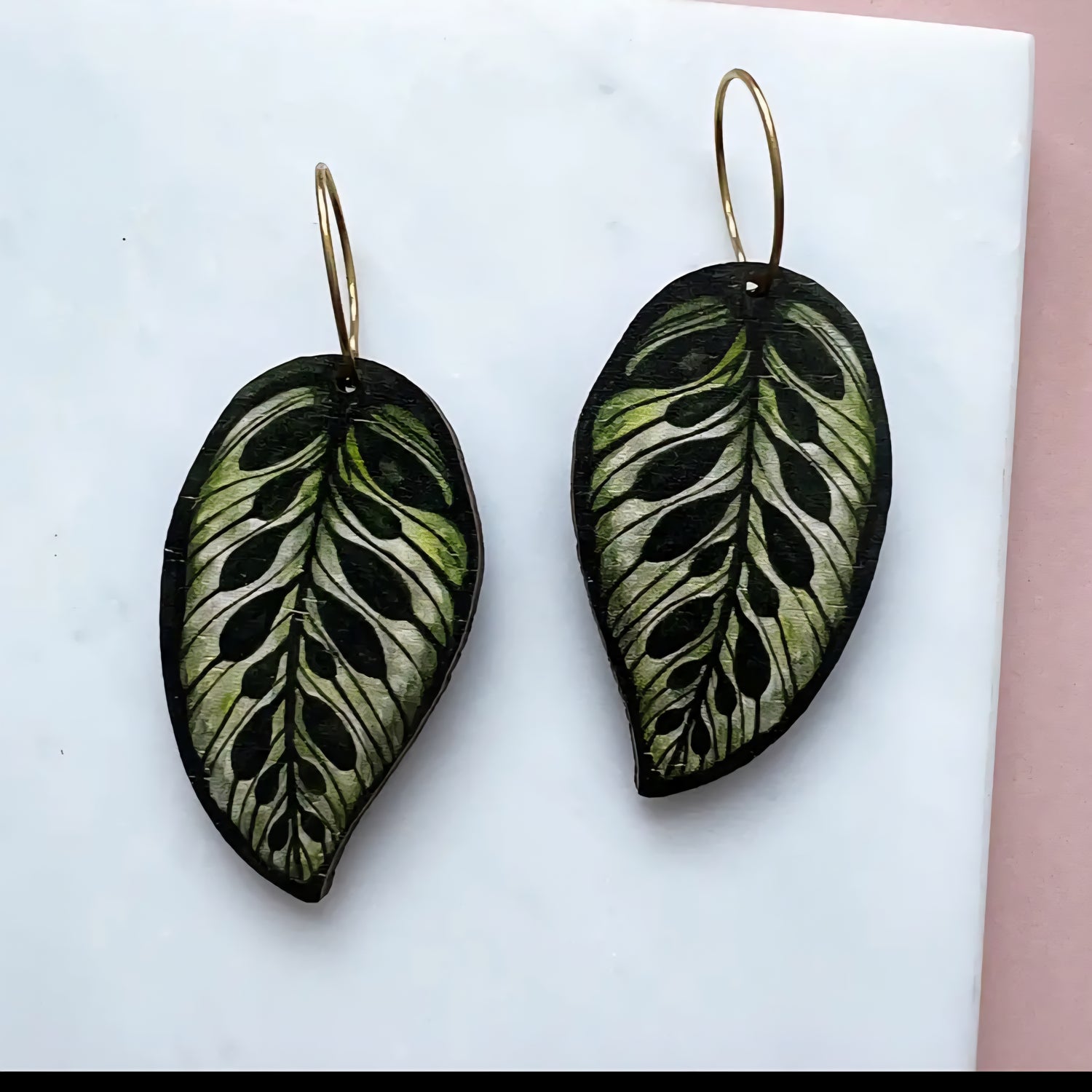 Calathea Makoyana Leaf Lightweight Wood Hoop Houseplant Earrings