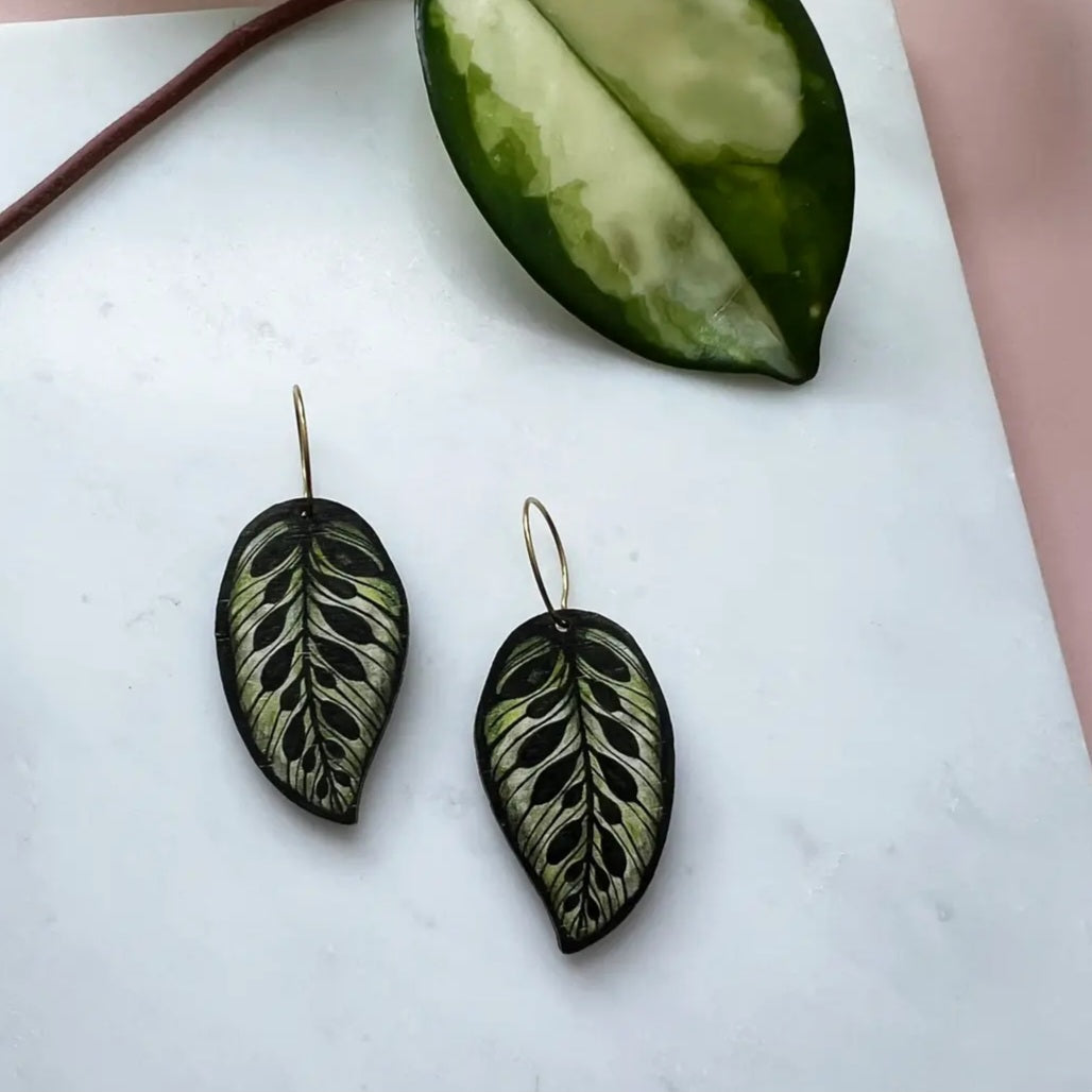Calathea Makoyana Leaf Lightweight Wood Hoop Houseplant Earrings