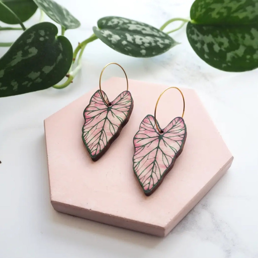 Pink Caladium Lightweight Wood  Leaf Hoop Houseplant Earrings