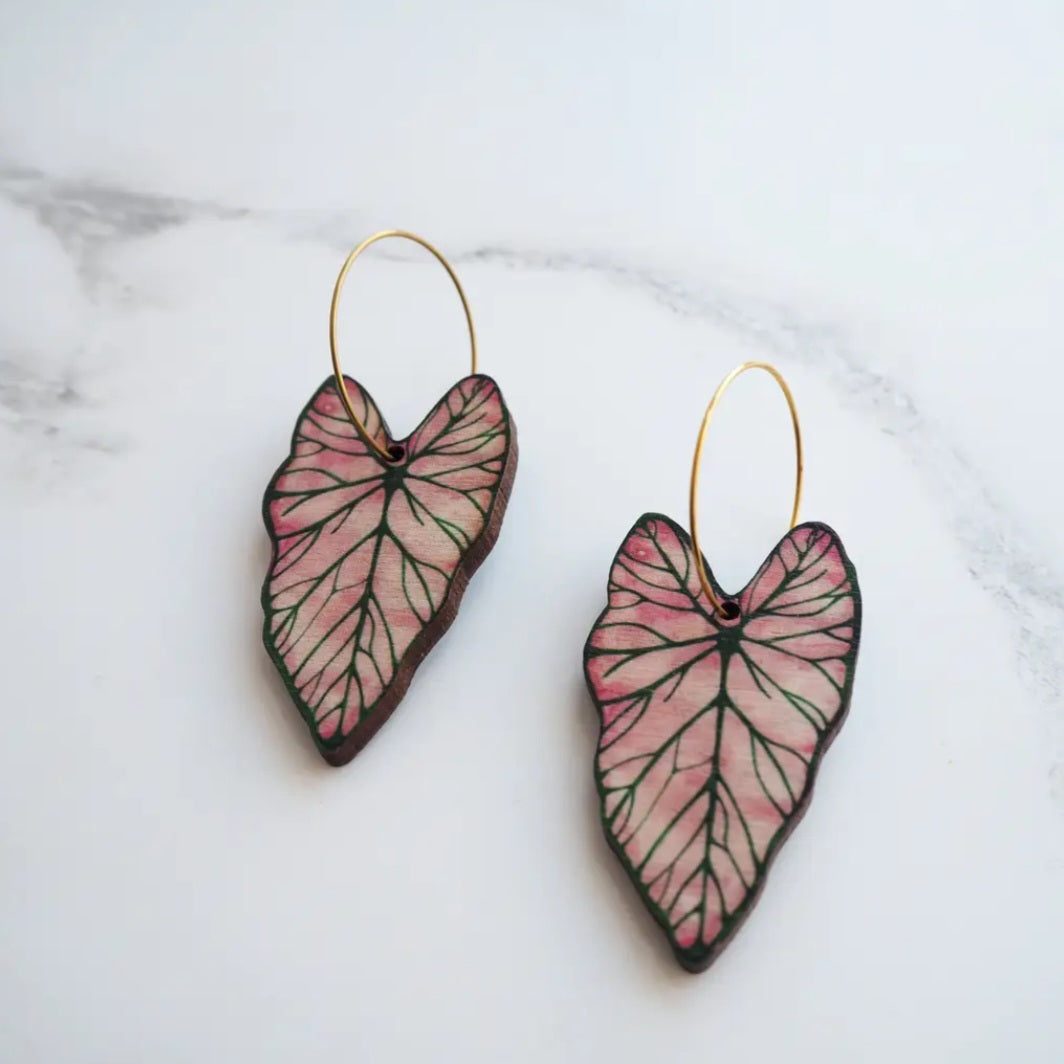 Pink Caladium Lightweight Wood  Leaf Hoop Houseplant Earrings
