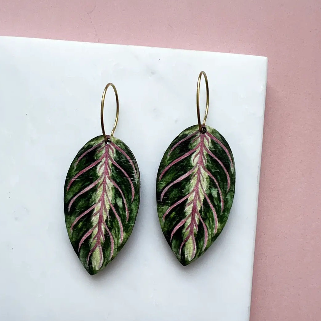 Maranta Leaf Lightweight Wood Hoop Houseplant Earrings