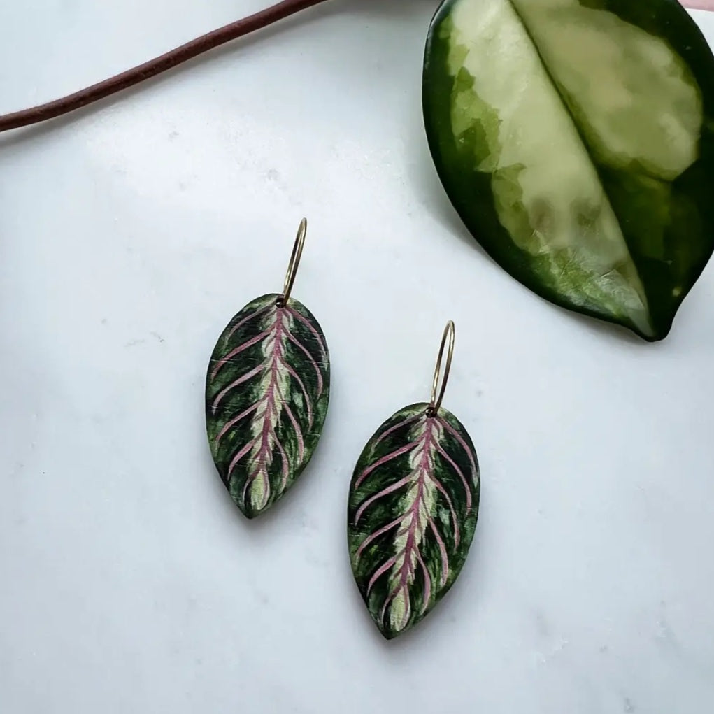 Maranta Leaf Lightweight Wood Hoop Houseplant Earrings