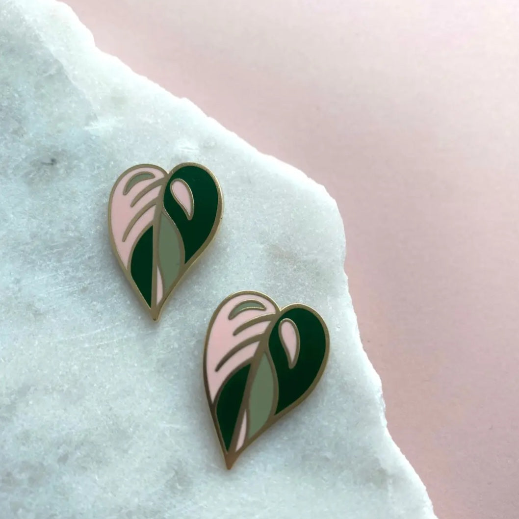 Philodendron Pink Princess Leaf Stud Enamel Earrings