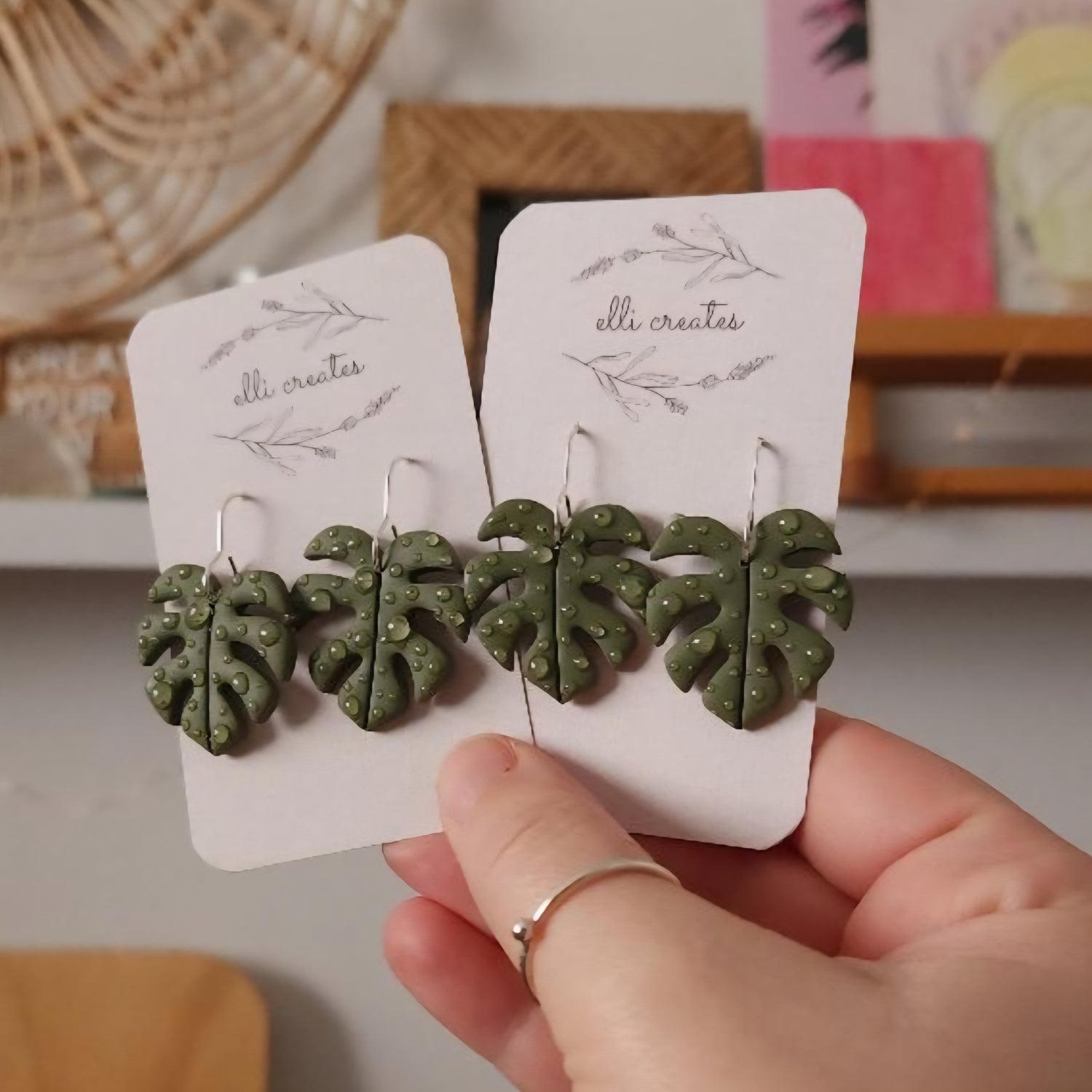 Monstera Leaf Polymer Clay Houseplant Earrings - Green