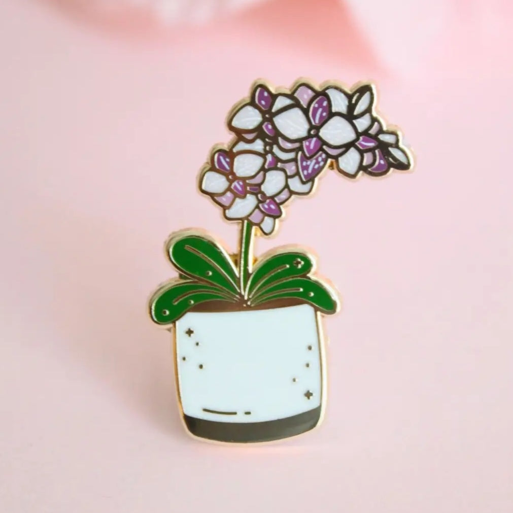 Purple Orchid Potted Gold Plated Enamel Houseplant Pin