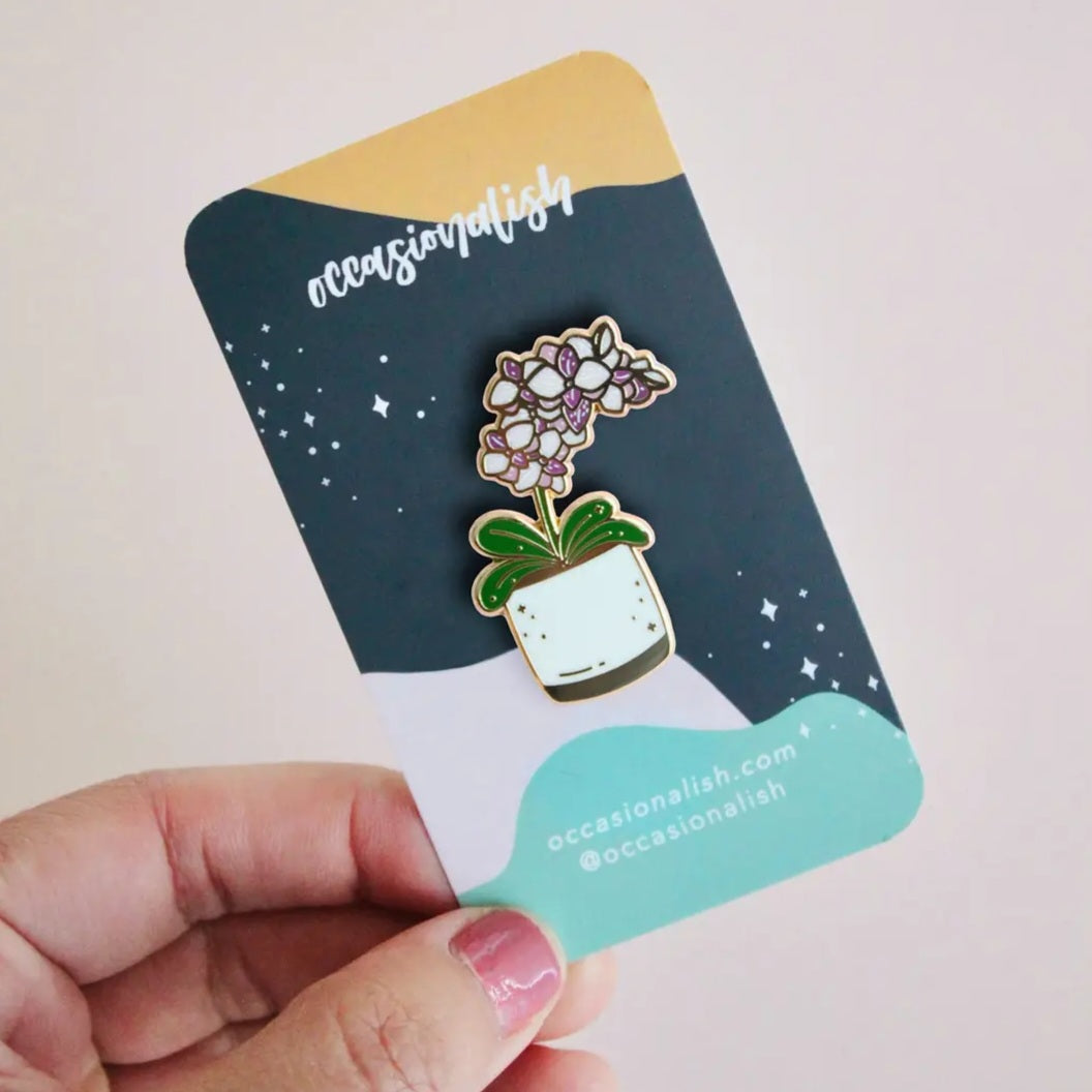 Purple Orchid Potted Gold Plated Enamel Houseplant Pin