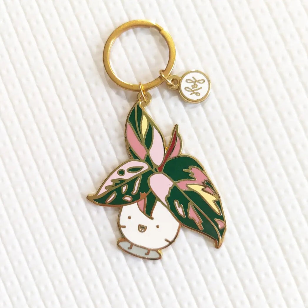 Gold Philodendron Pink Princess Kawaii Houseplant Metal Keyring