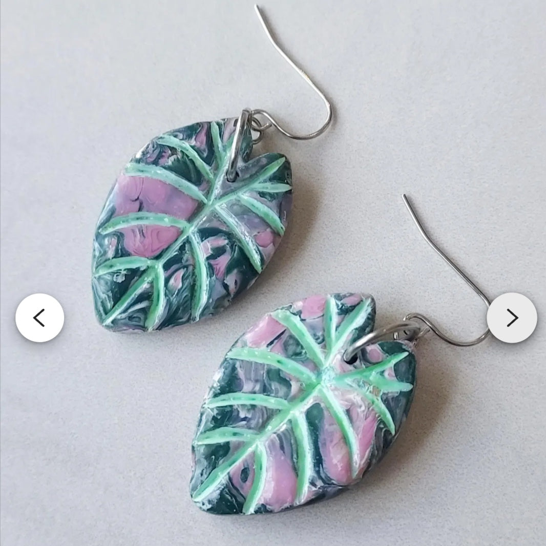 Alocasia Black Velvet Pink Variegated Dangle Houseplant Clay Earrings