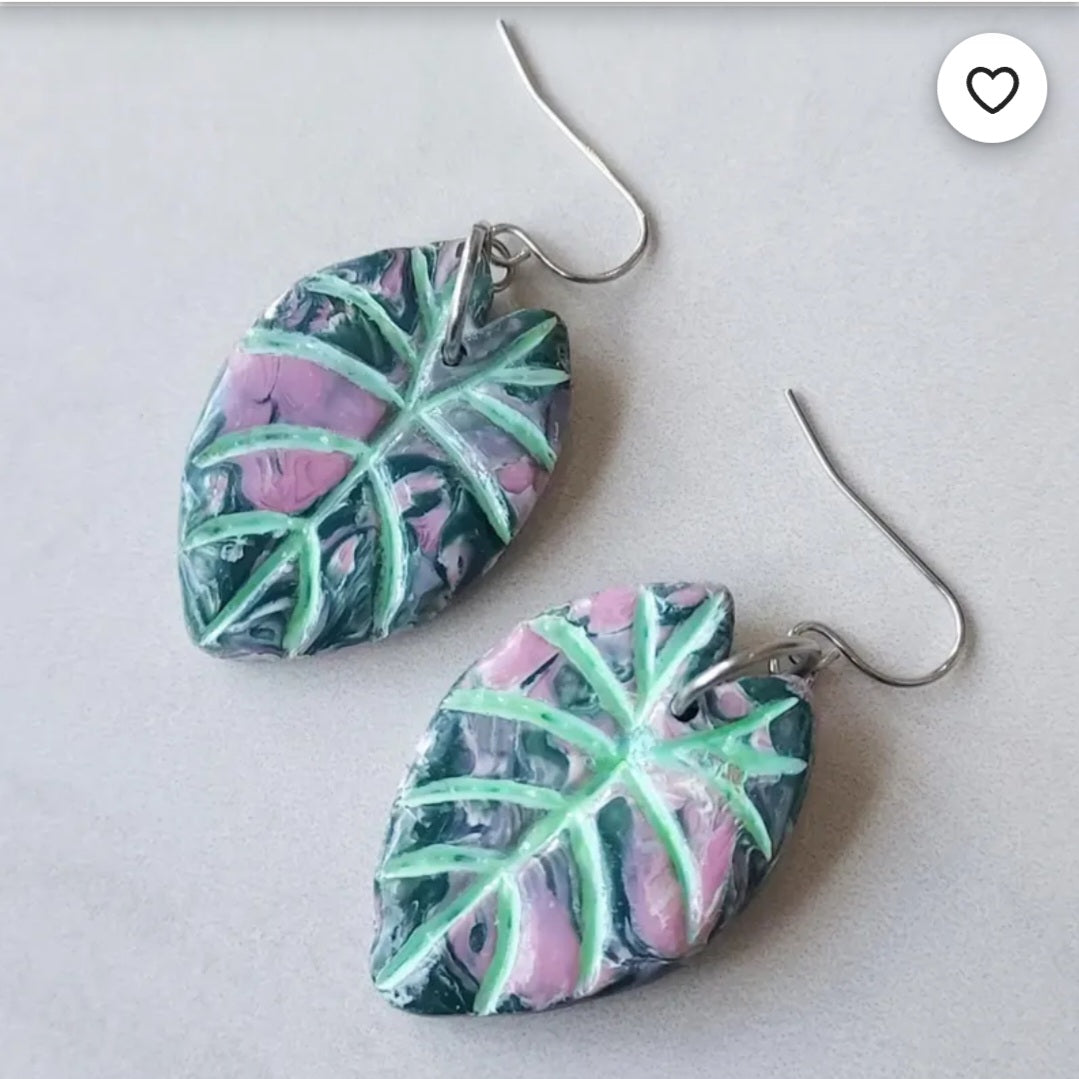 Alocasia Black Velvet Pink Variegated Dangle Houseplant Clay Earrings