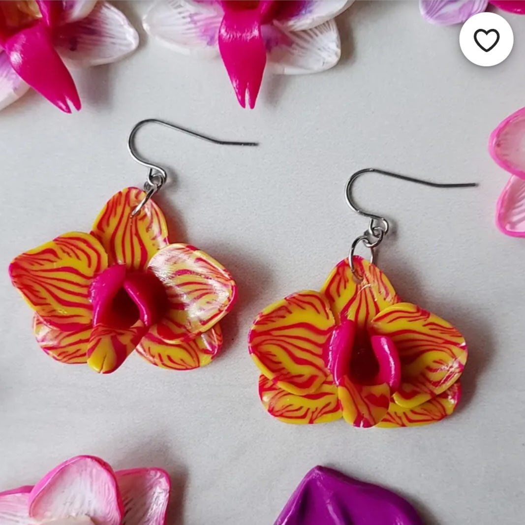 Yellow & pink Orchid Dangle Houseplant Clay Earrings
