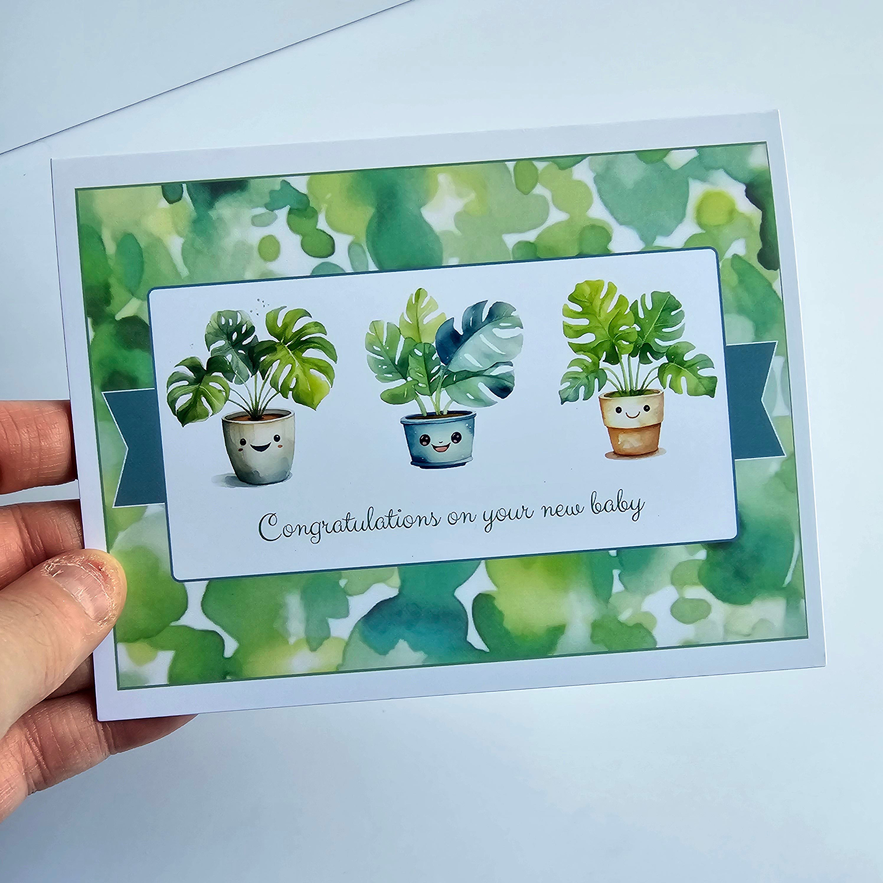 Watercolour houseplants new baby greeting card