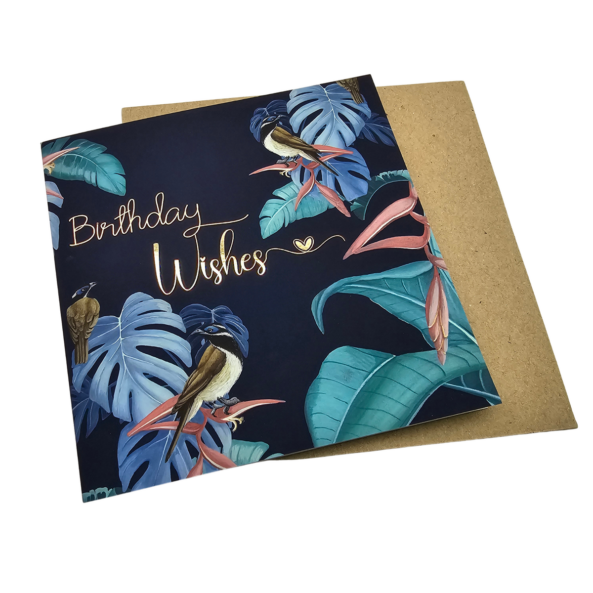 Monstera Tropical Navy Blue & Gold Birthday Greeting Card