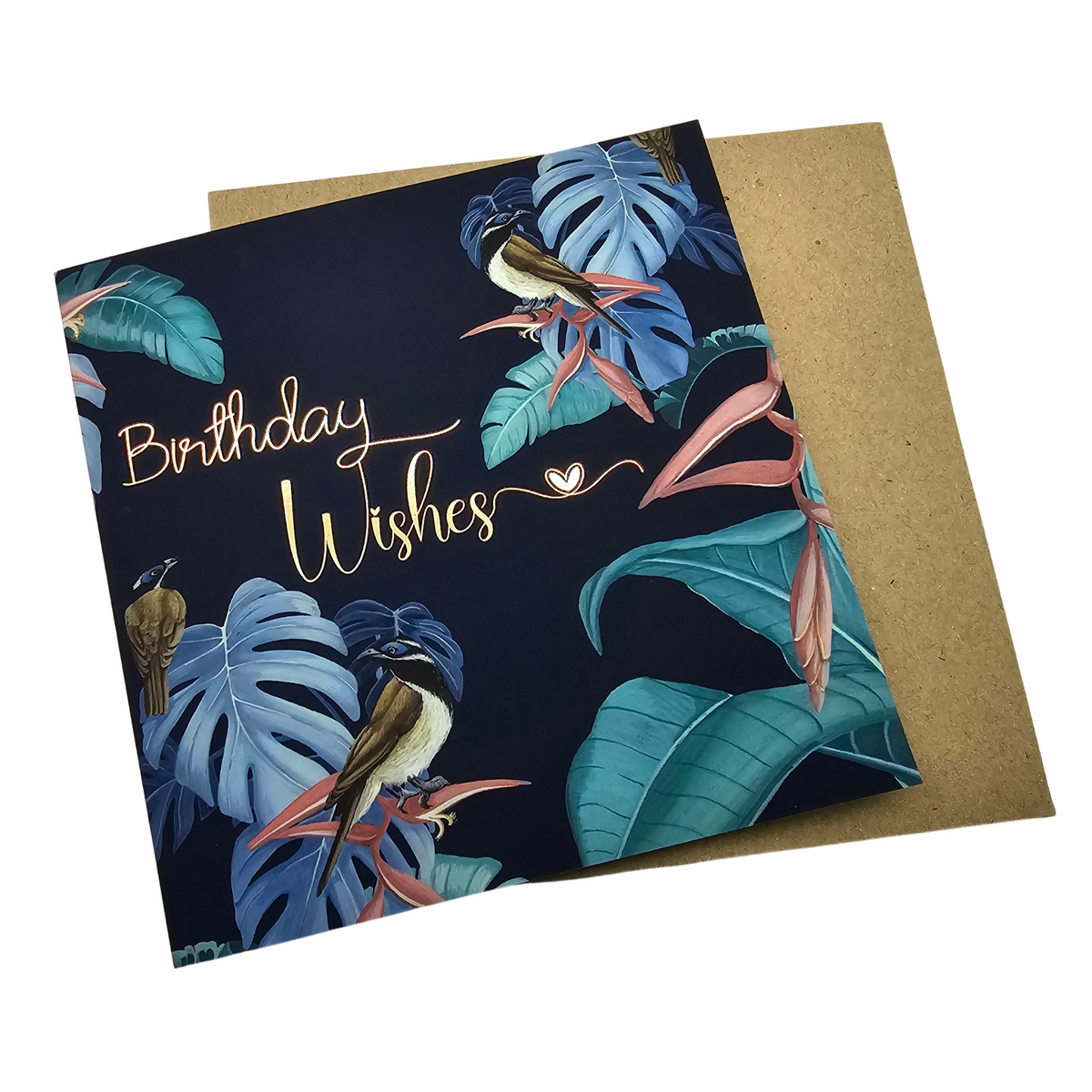 Monstera Tropical Navy Blue & Gold Birthday Greeting Card