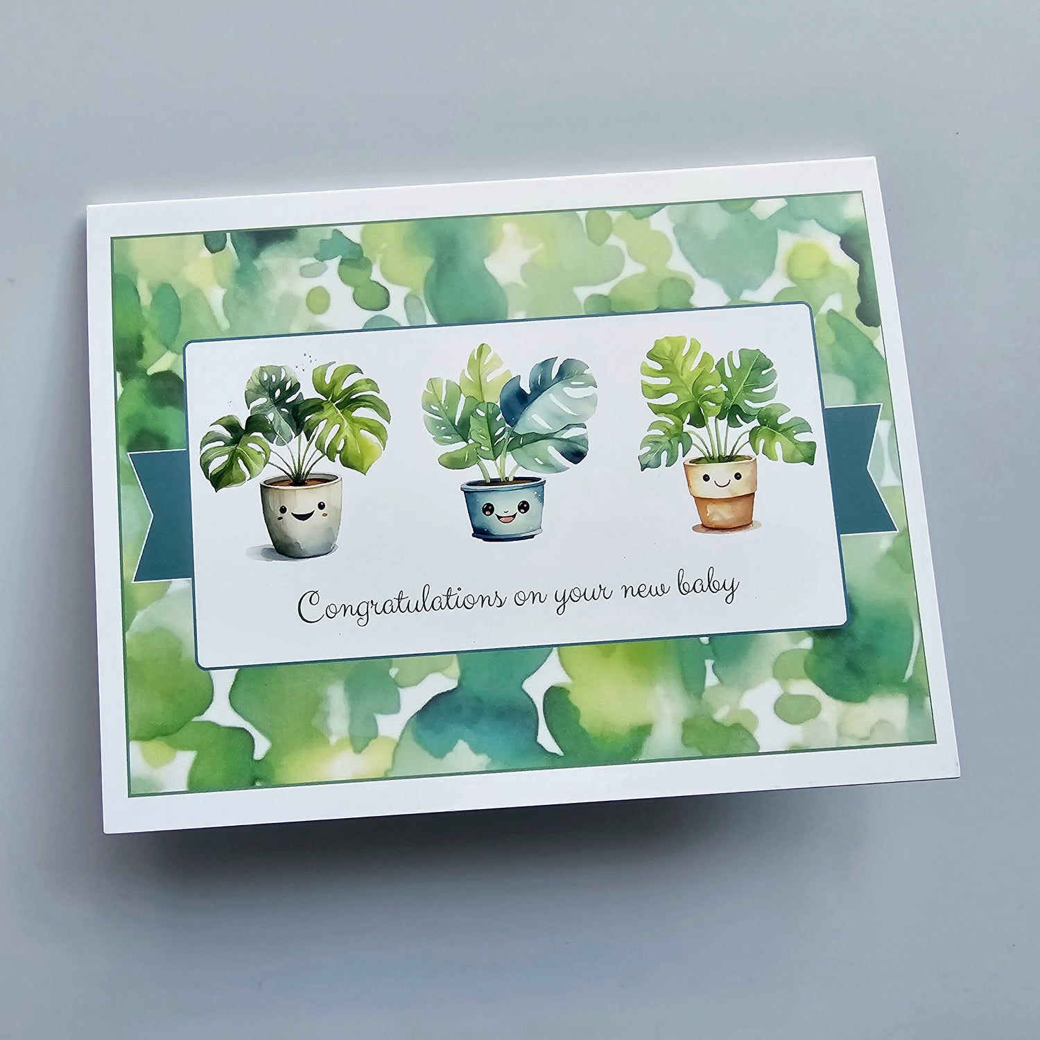 Watercolour houseplants new baby greeting card