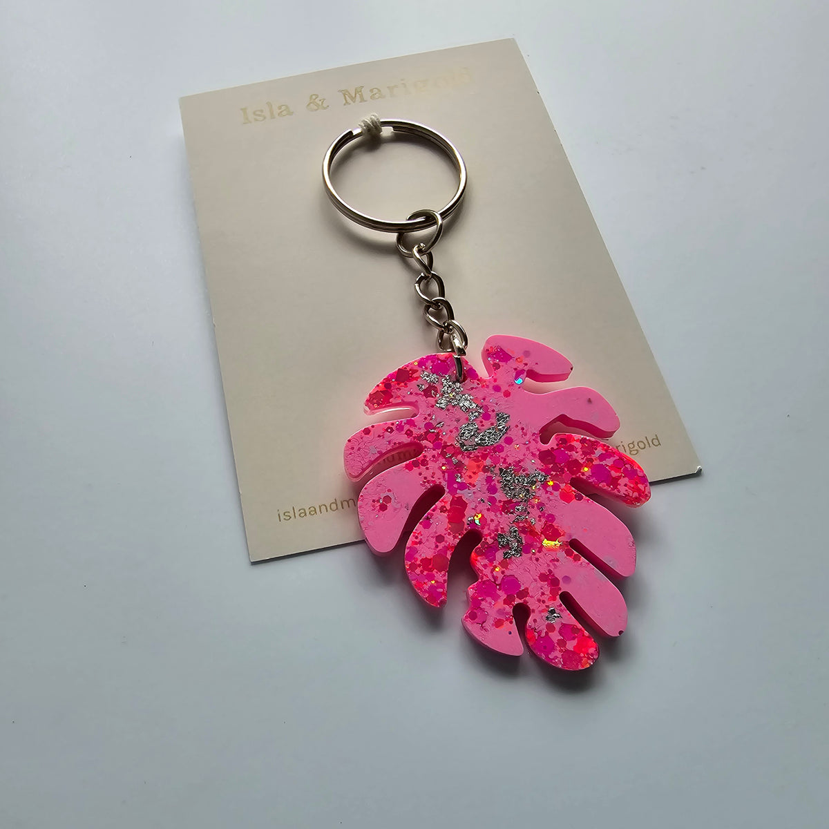 Pink monstera leaf glitter resin keyring