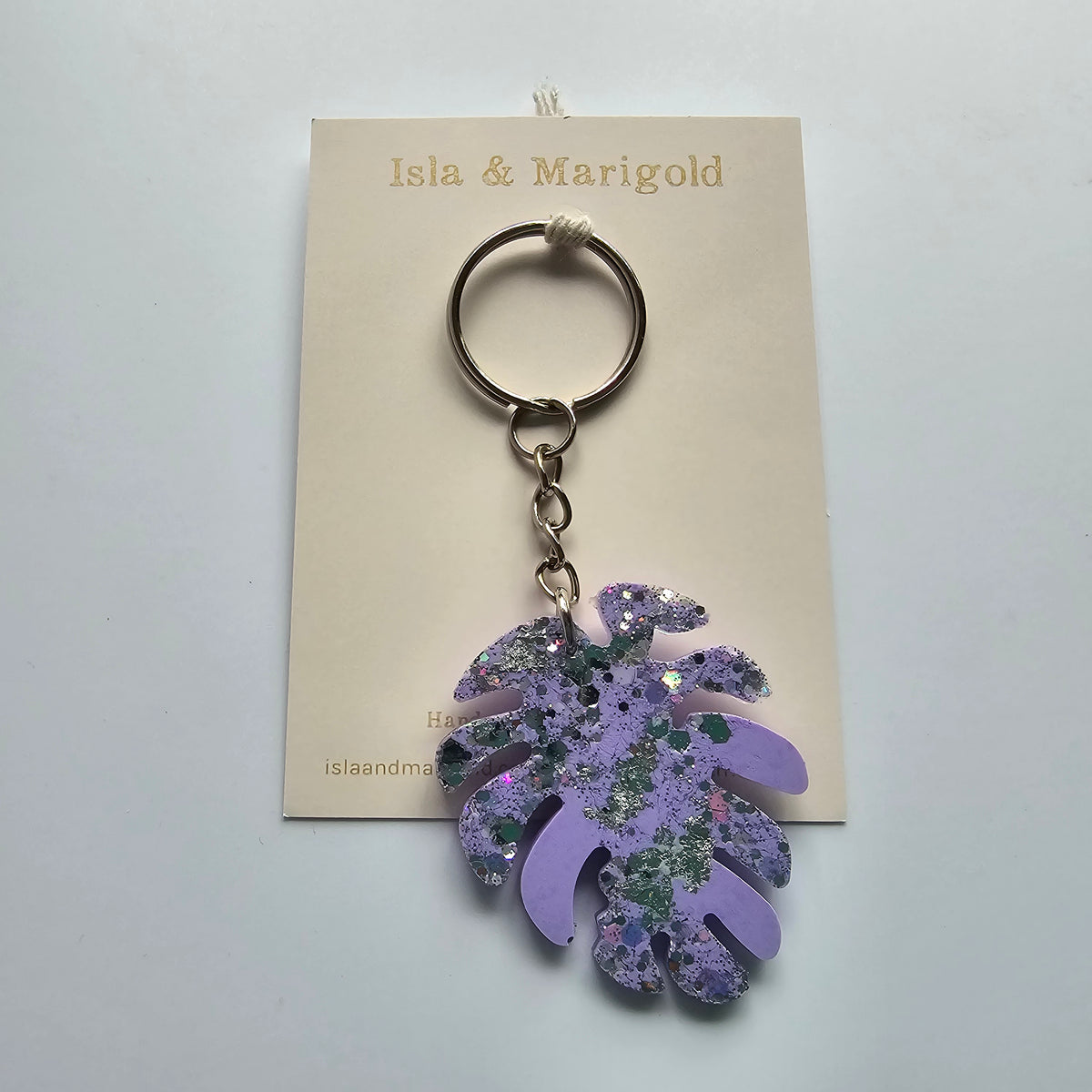 Purple monstera leaf glitter resin keyring