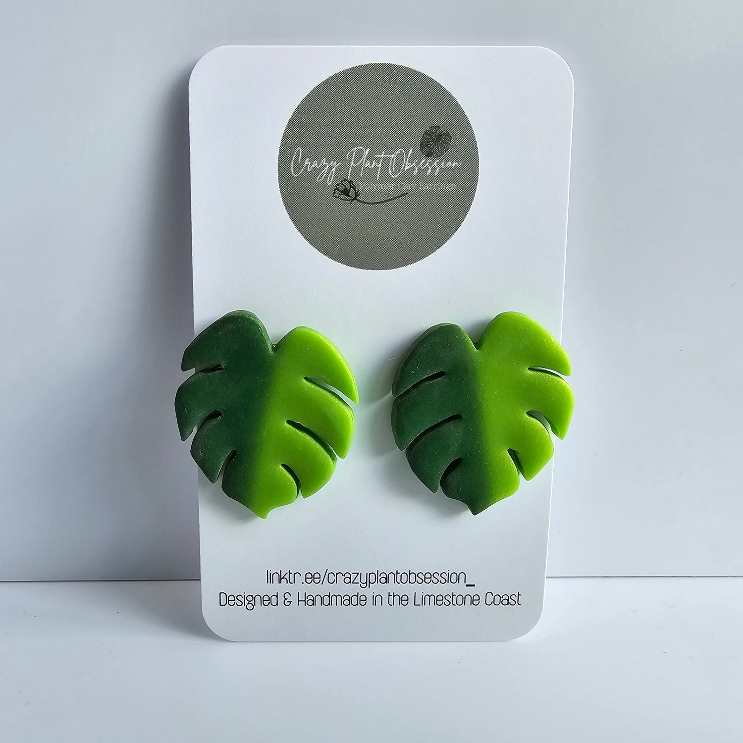 Monstera Leaf Green Half Moon Polymer Clay Stud Earrings