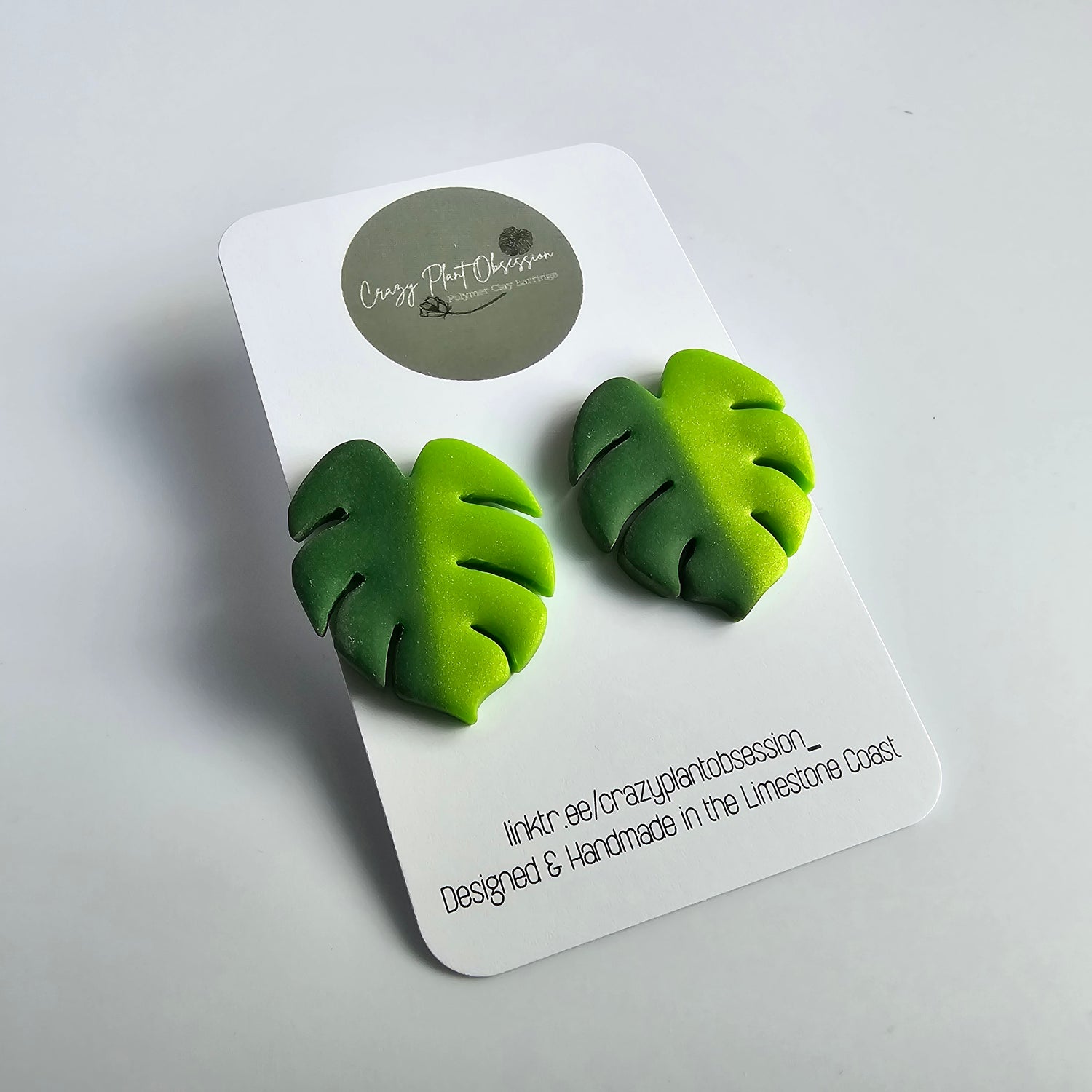 Monstera Leaf Green Half Moon Polymer Clay Stud Earrings