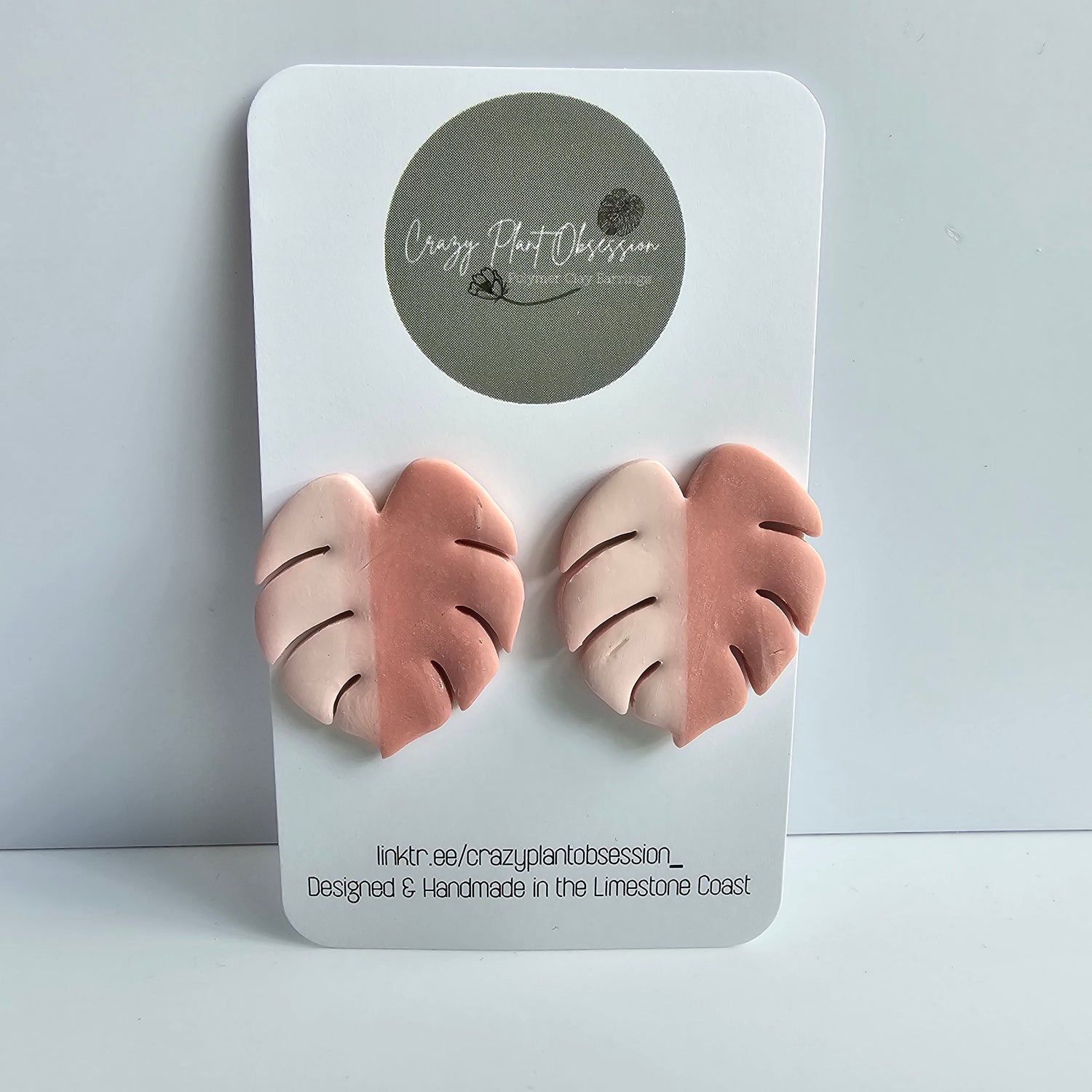 Monstera Leaf Pink Polymer Clay Stud Earrings