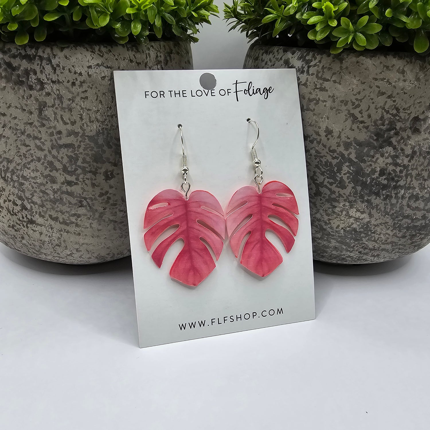 Pink Monstera Leaf Houseplant Sterling Silver Earrings