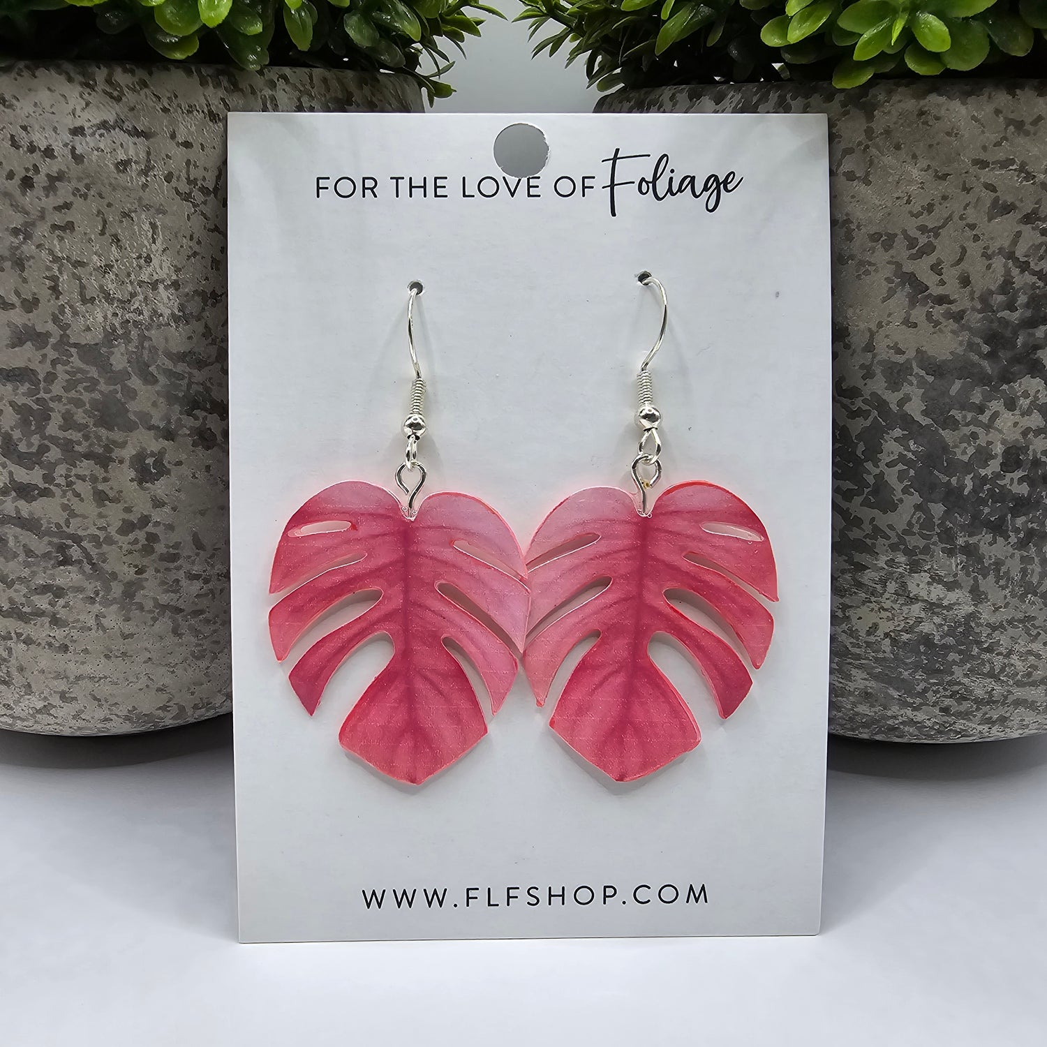 Pink Monstera Leaf Houseplant Sterling Silver Earrings