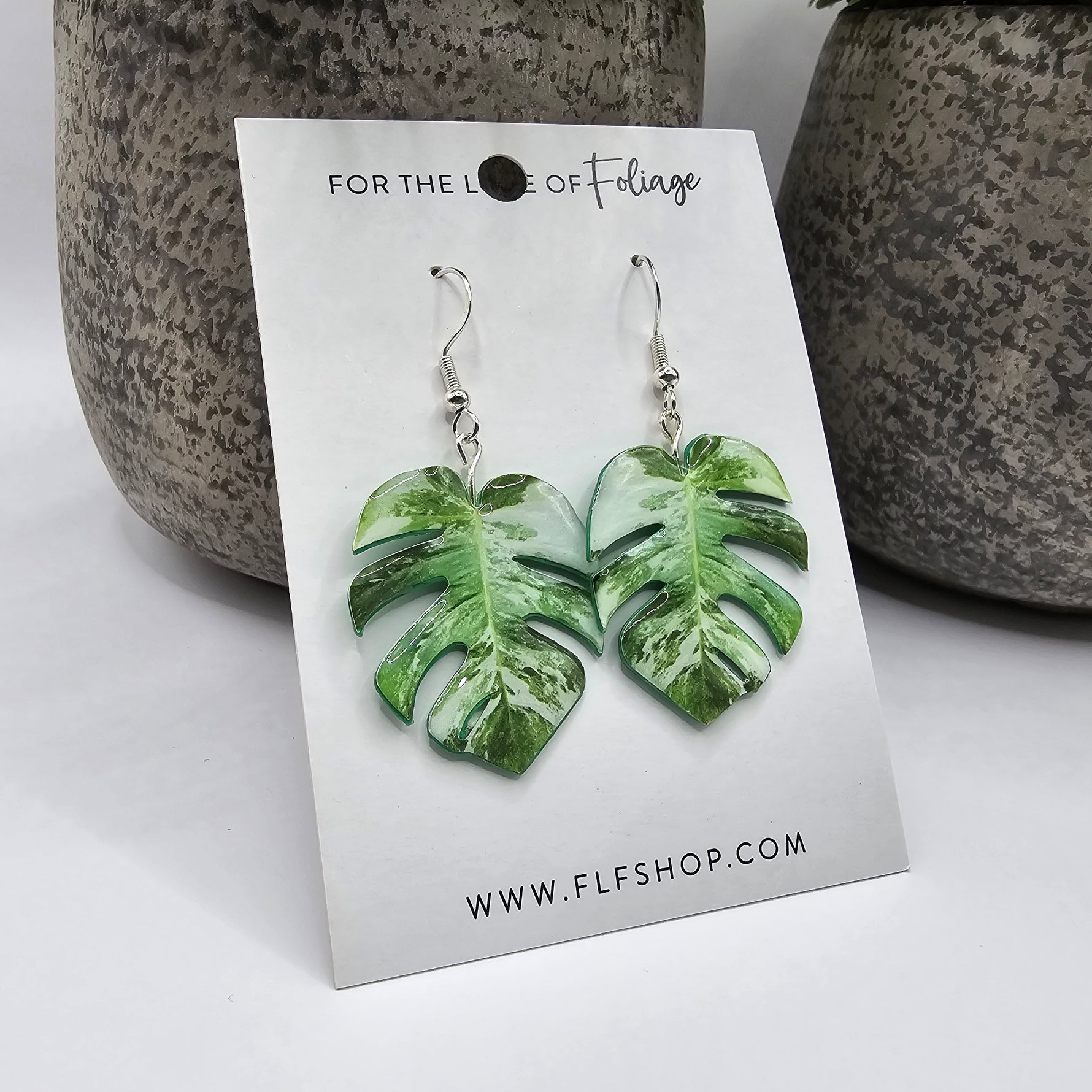 Monstera Borsigiana Albo Variegated Houseplant Dangle Earrings