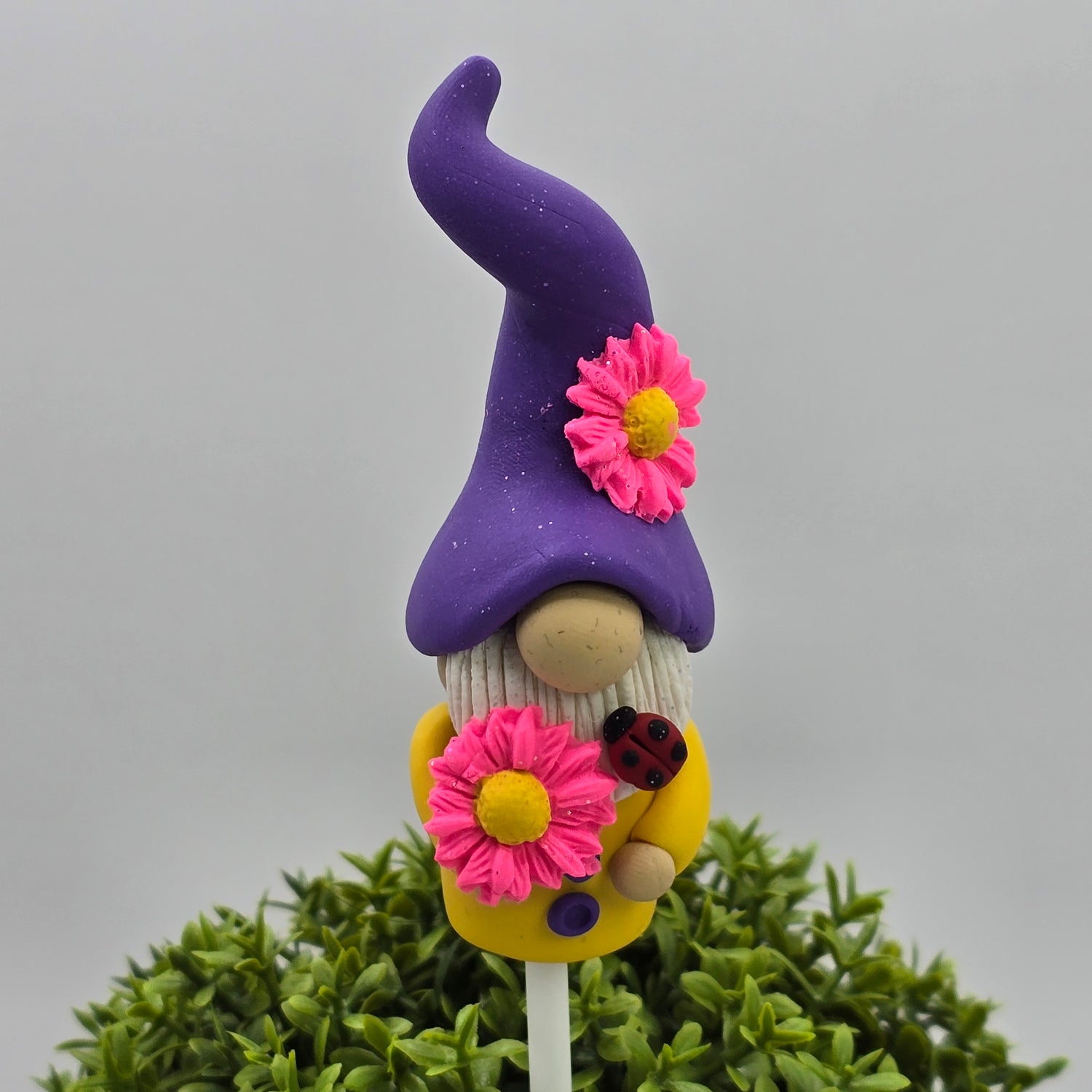 Handmade Polymer Clay Pot Plant Gnome - Purple & Mustard.