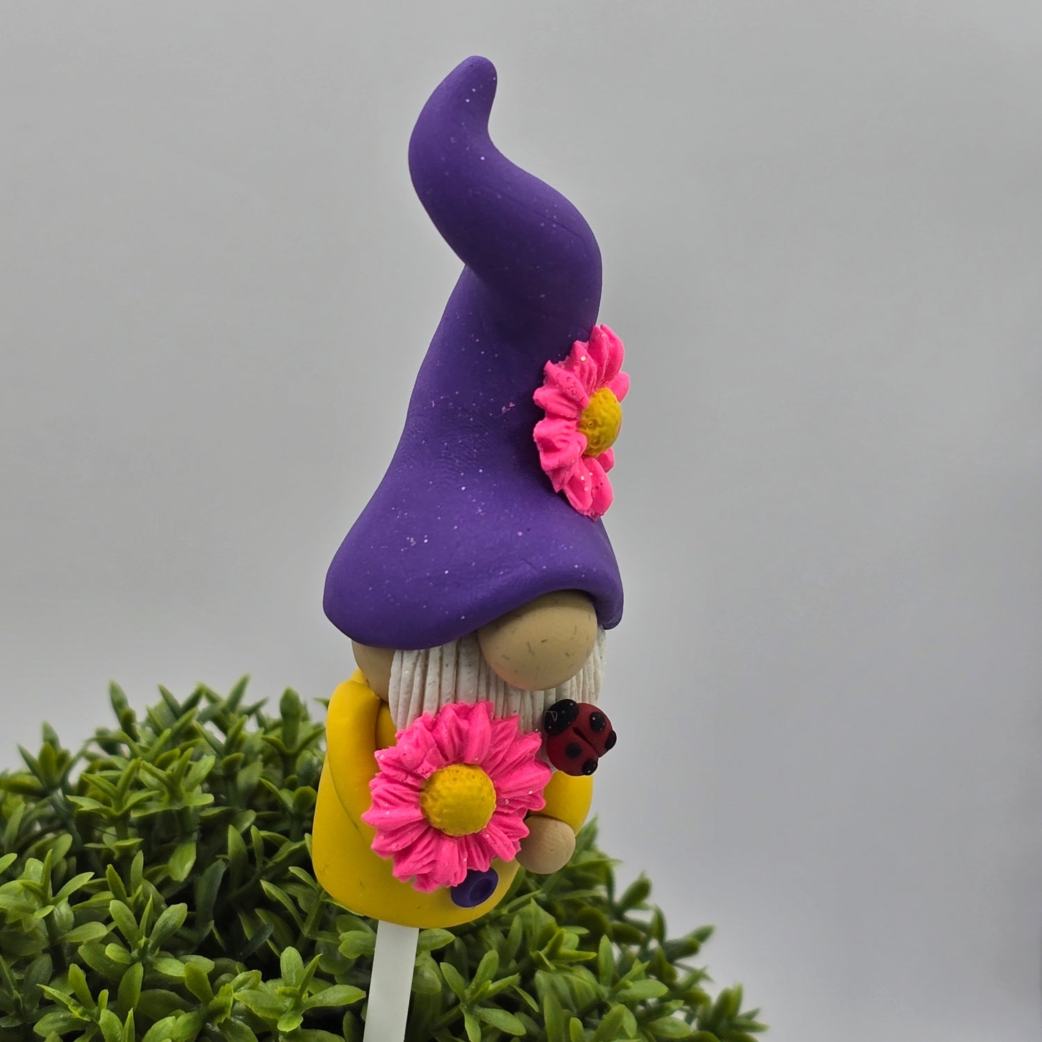 Handmade Polymer Clay Pot Plant Gnome - Purple & Mustard.