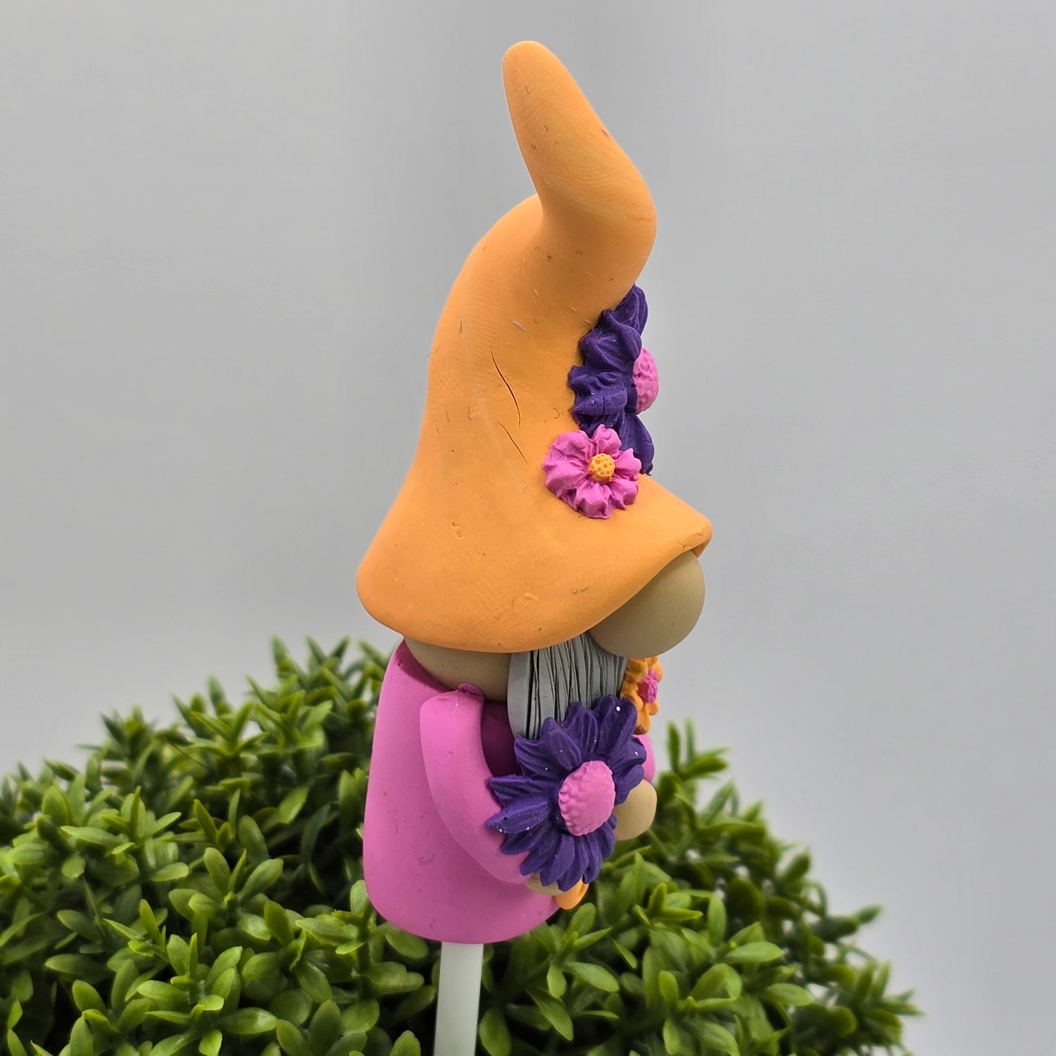 Handmade Polymer Clay Pot Plant Gnome - Pink & Orange