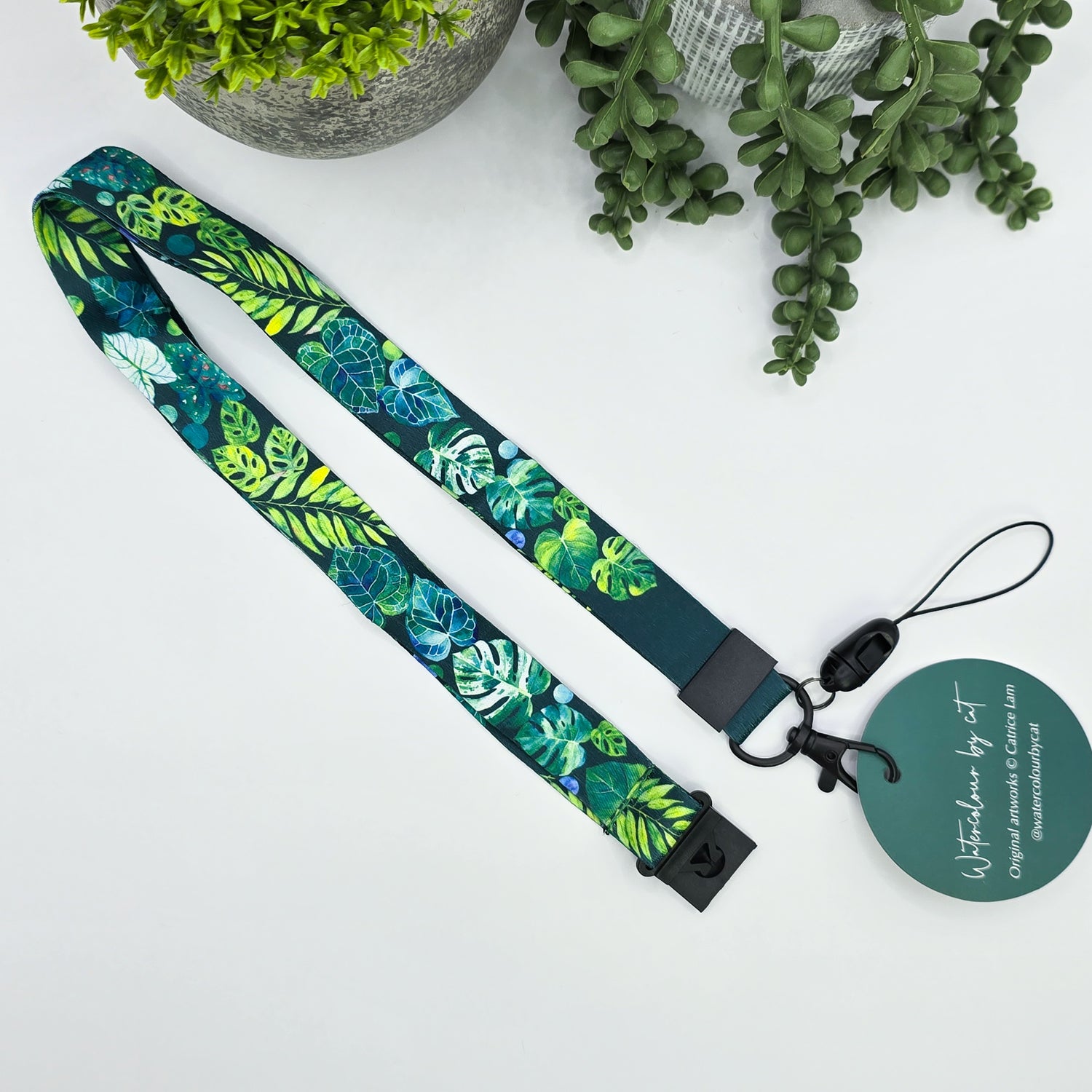 Watercolour Plant Themed Lanyard with safety Clasp