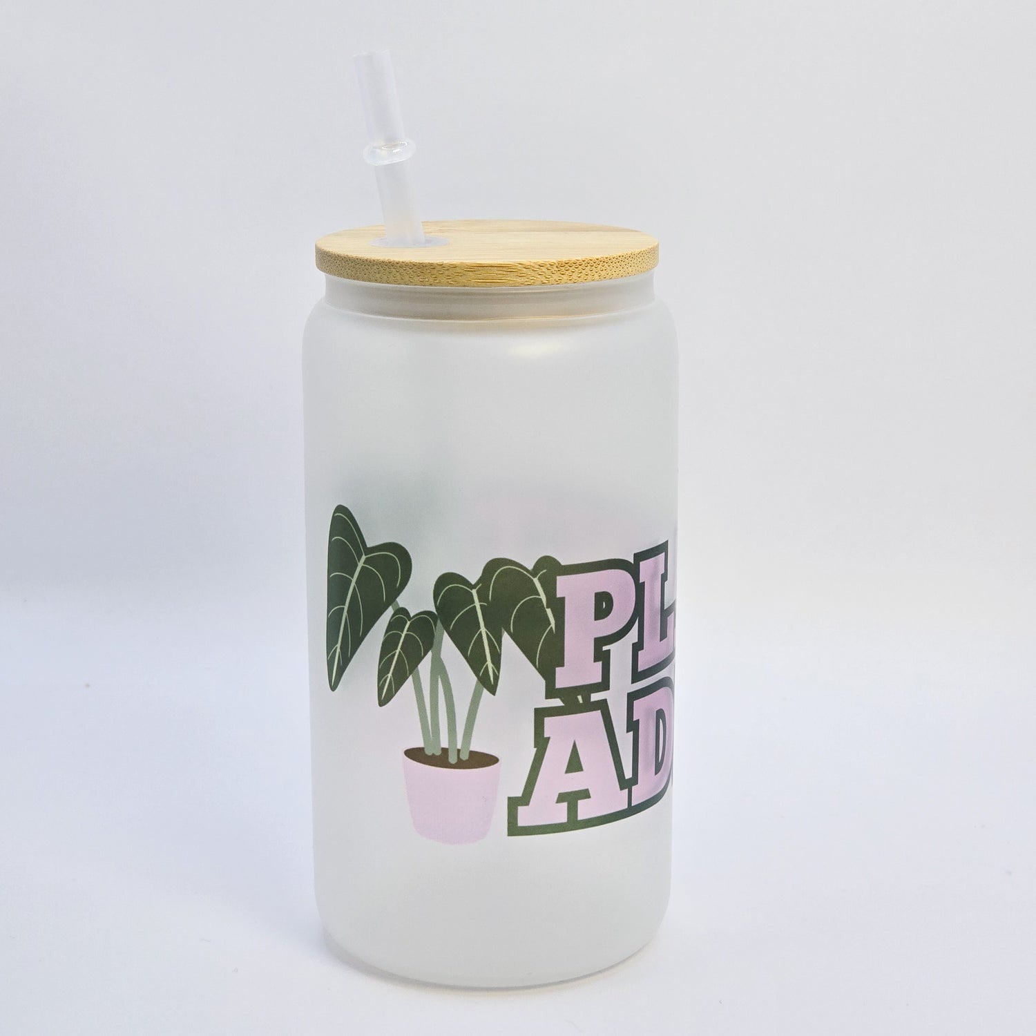 Pink Plant Addict 16oz Frosted Glass Tumbler with Bamboo Lid