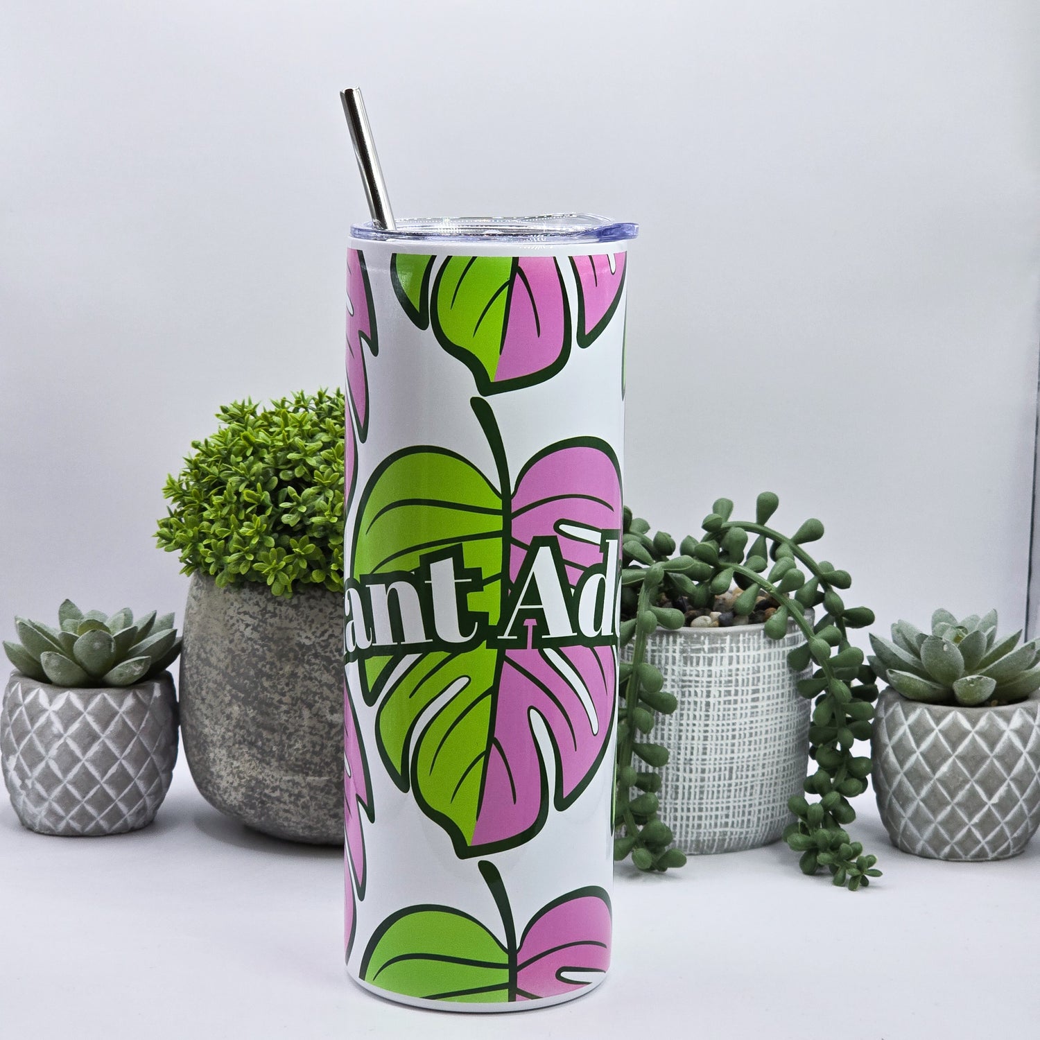 Pink & Green Monstera leaf Plant Addict 20oz Insulated Stainless Steel Tumbler