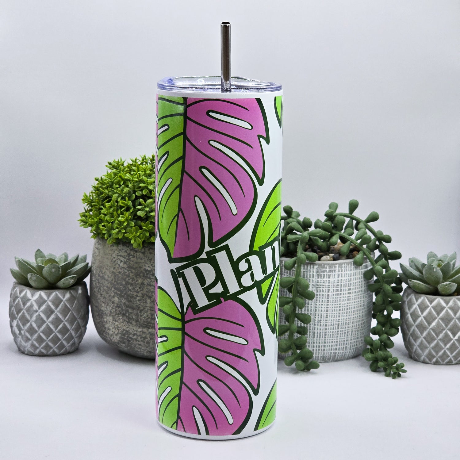 Pink & Green Monstera leaf Plant Addict 20oz Insulated Stainless Steel Tumbler