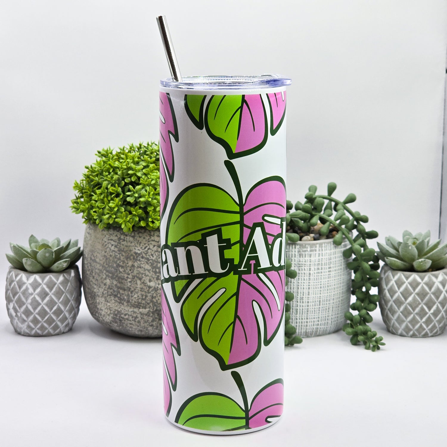 Pink & Green Monstera Leaf Plant Addict 20oz Insulated Stainless Steel Tumbler