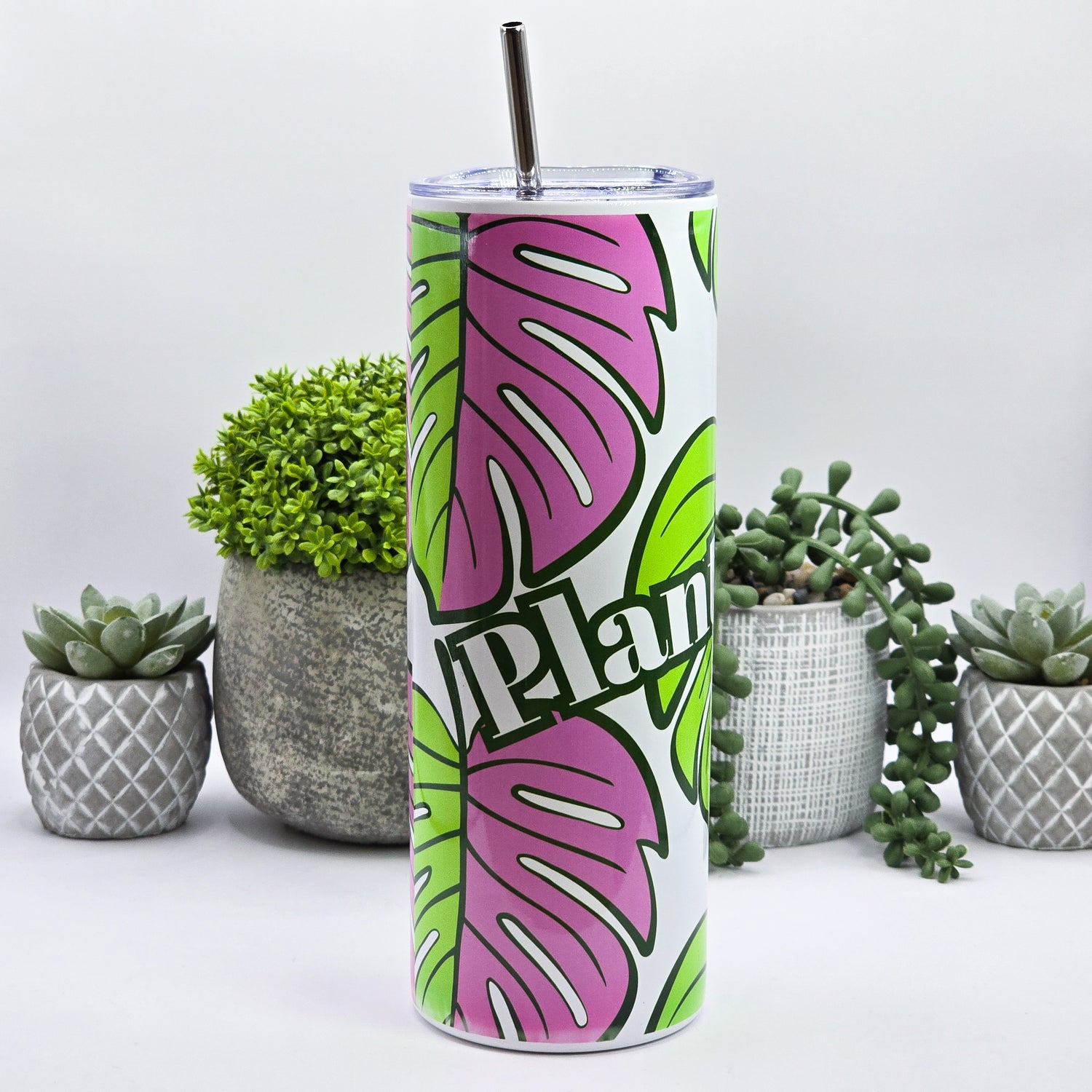 Pink & Green Monstera Leaf Plant Addict 20oz Insulated Stainless Steel Tumbler