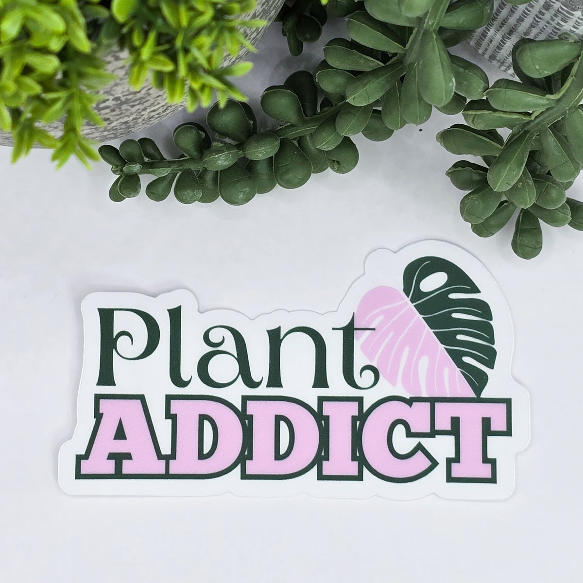 Pink plant Addict Monstera Leaf Houseplant Vinyl Sticker by My Plantasy