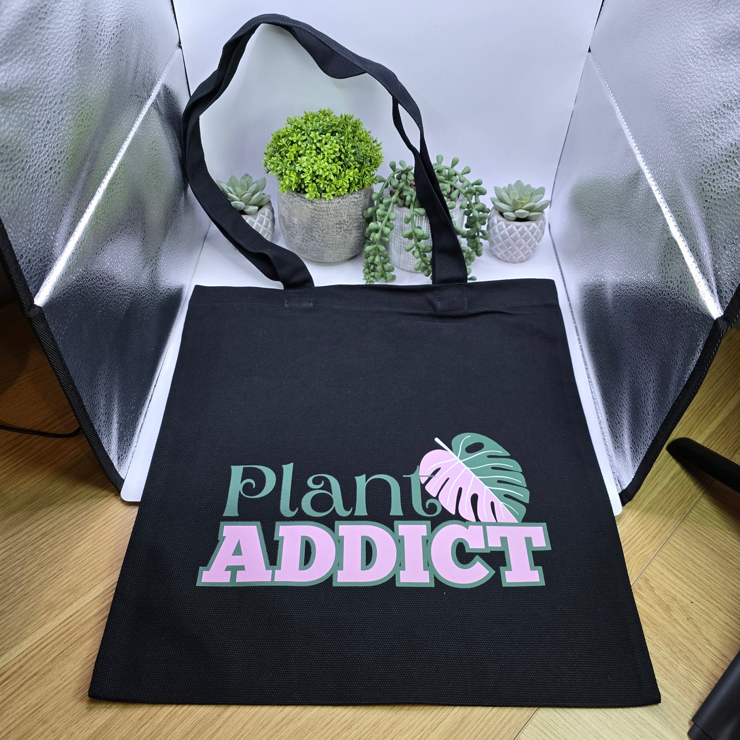 Plant Addict Pink Monstera Leaf Black Cotton Tote Bag