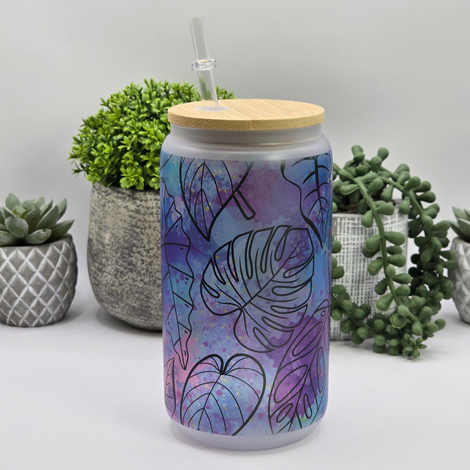 Rainbow with Black leaves 16oz frosted glass tumbler