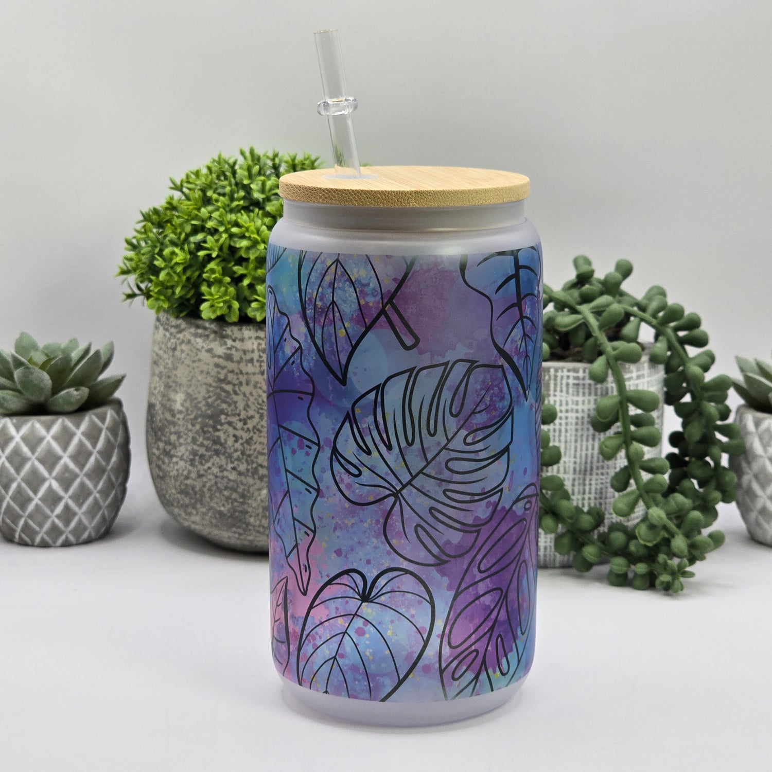 Rainbow with Black leaves 16oz frosted glass tumbler