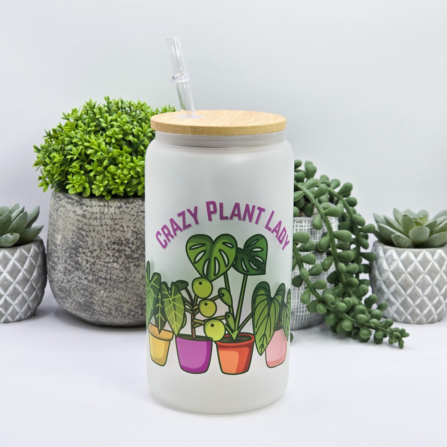 Crazy Plant Lady Bright Potted Plants 16oz Frosted Glass Tumbler