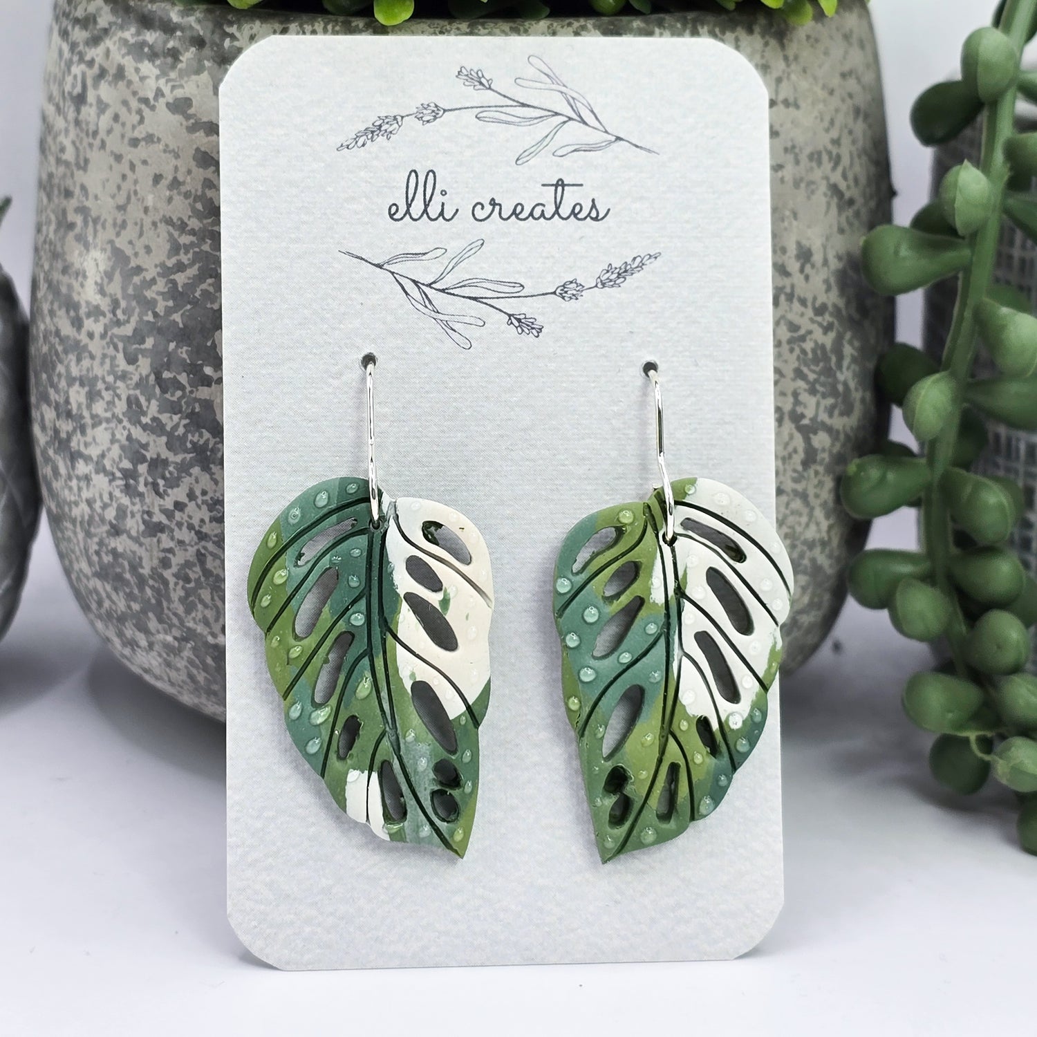 Monstera Adansonii Albo Variegated Polymer Clay Dangle earrings