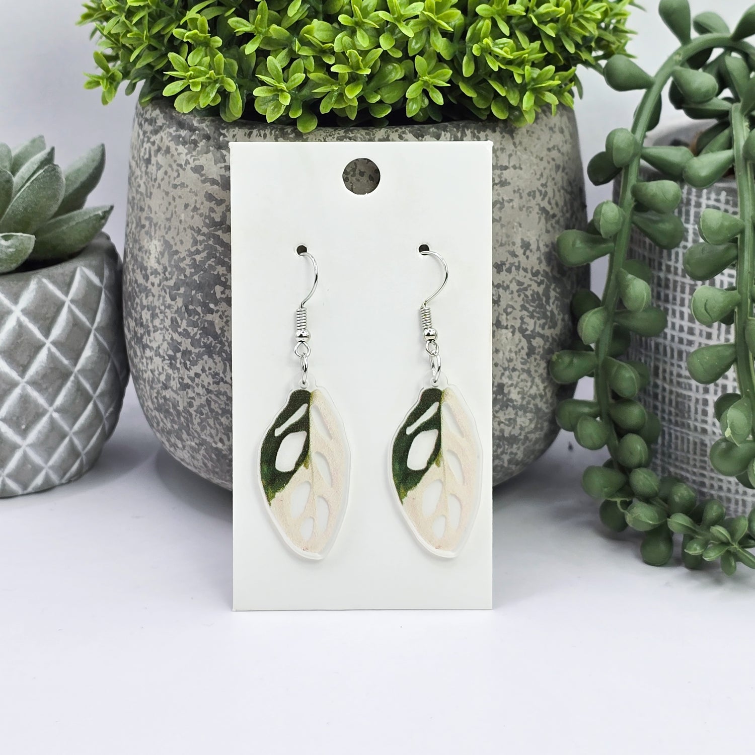 Monstera Adansonii Albo Variegated Acrylic Plant Dangle Earrings