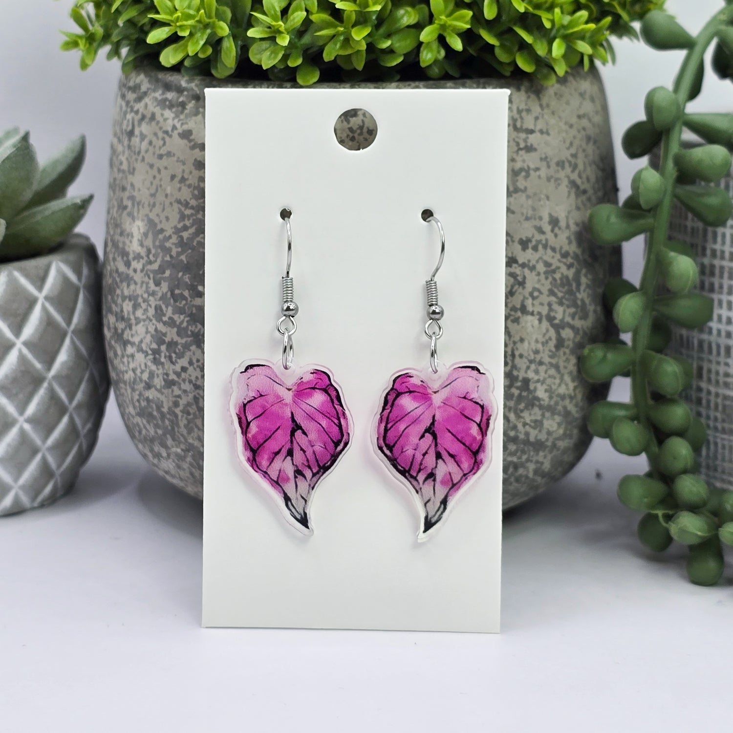 Pink Caladium Acrylic Plant Dangle Earrings