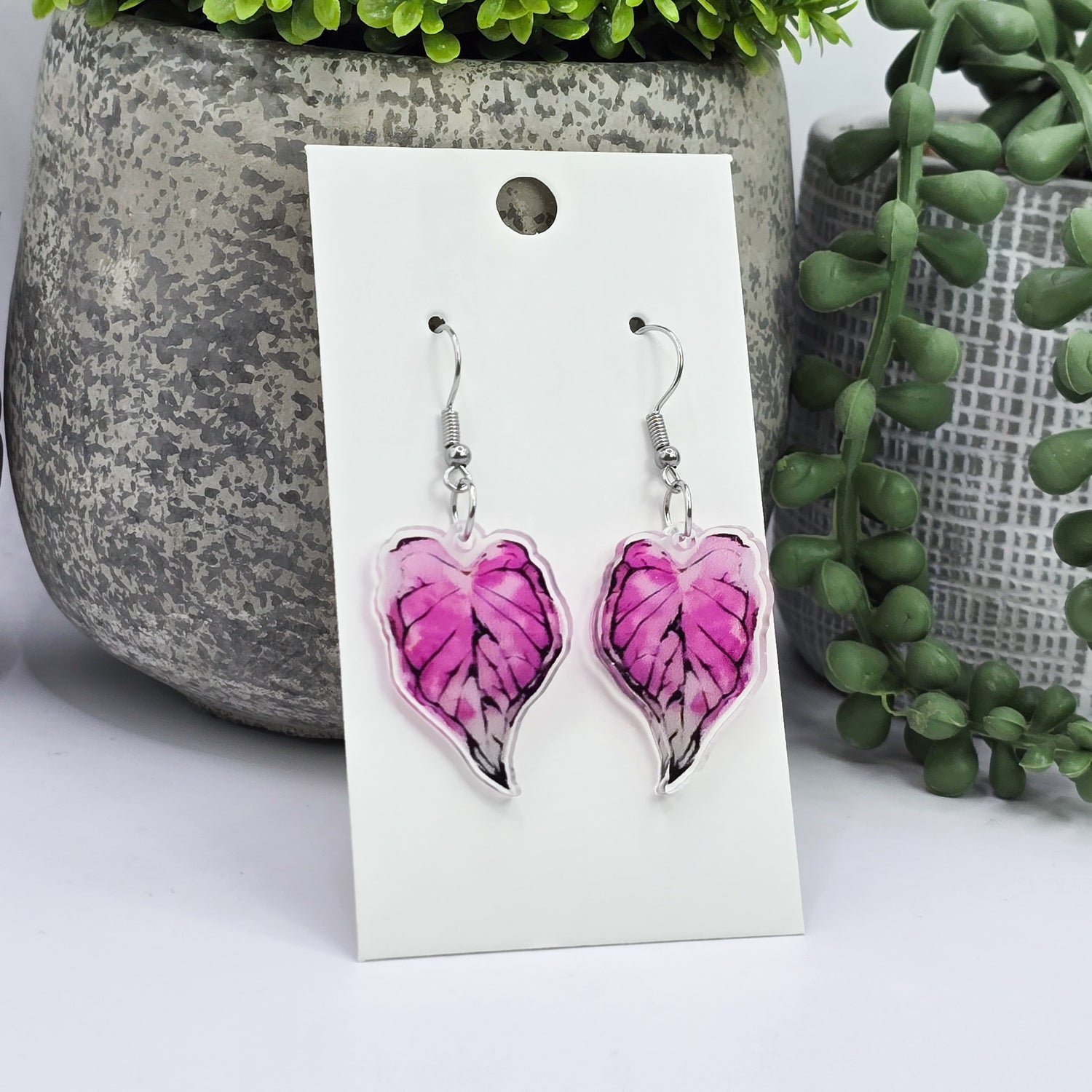 Pink Caladium Acrylic Plant Dangle Earrings