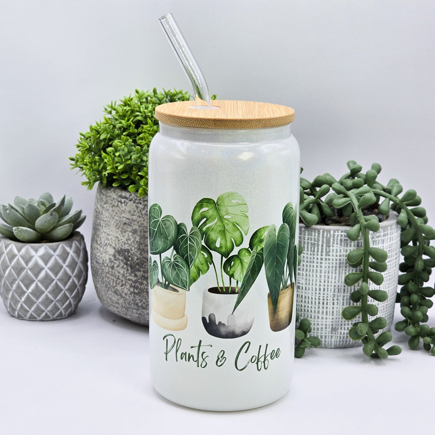 Plants & coffee white glitter glass tumbler 