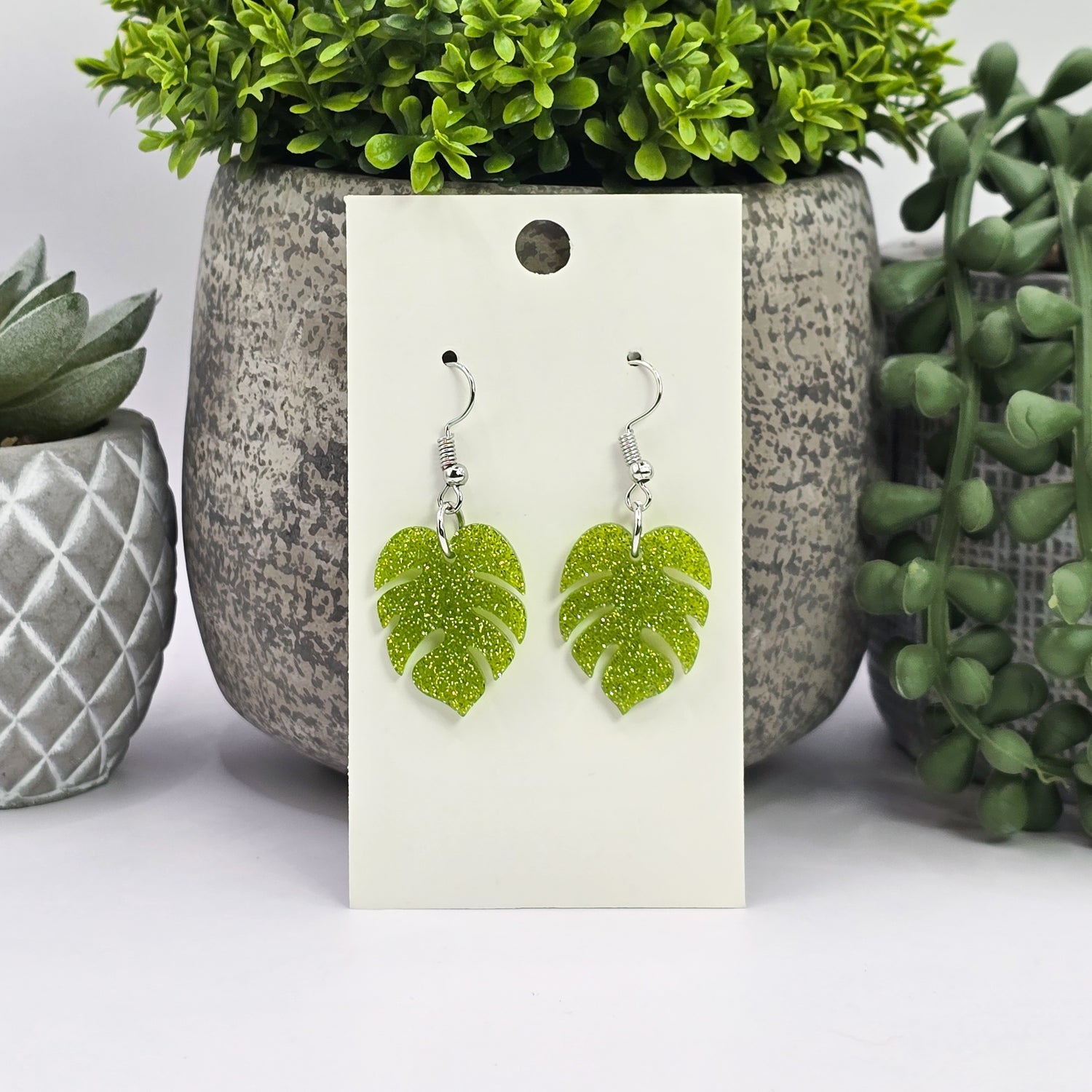 Glitter Monstera Acrylic Houseplant Dangle Earrings - 3 colours to choose from