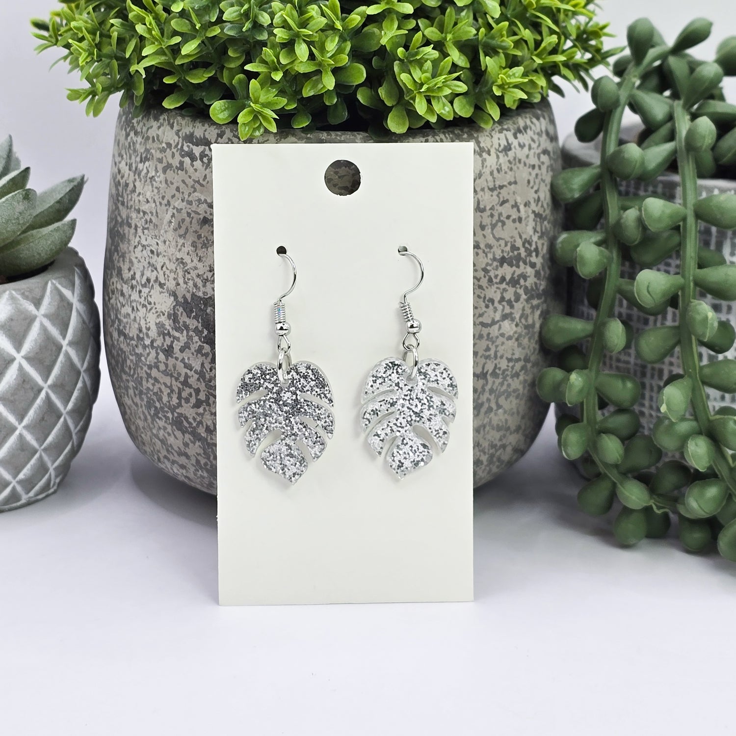 Glitter Monstera Acrylic Houseplant Dangle Earrings - 3 colours to choose from