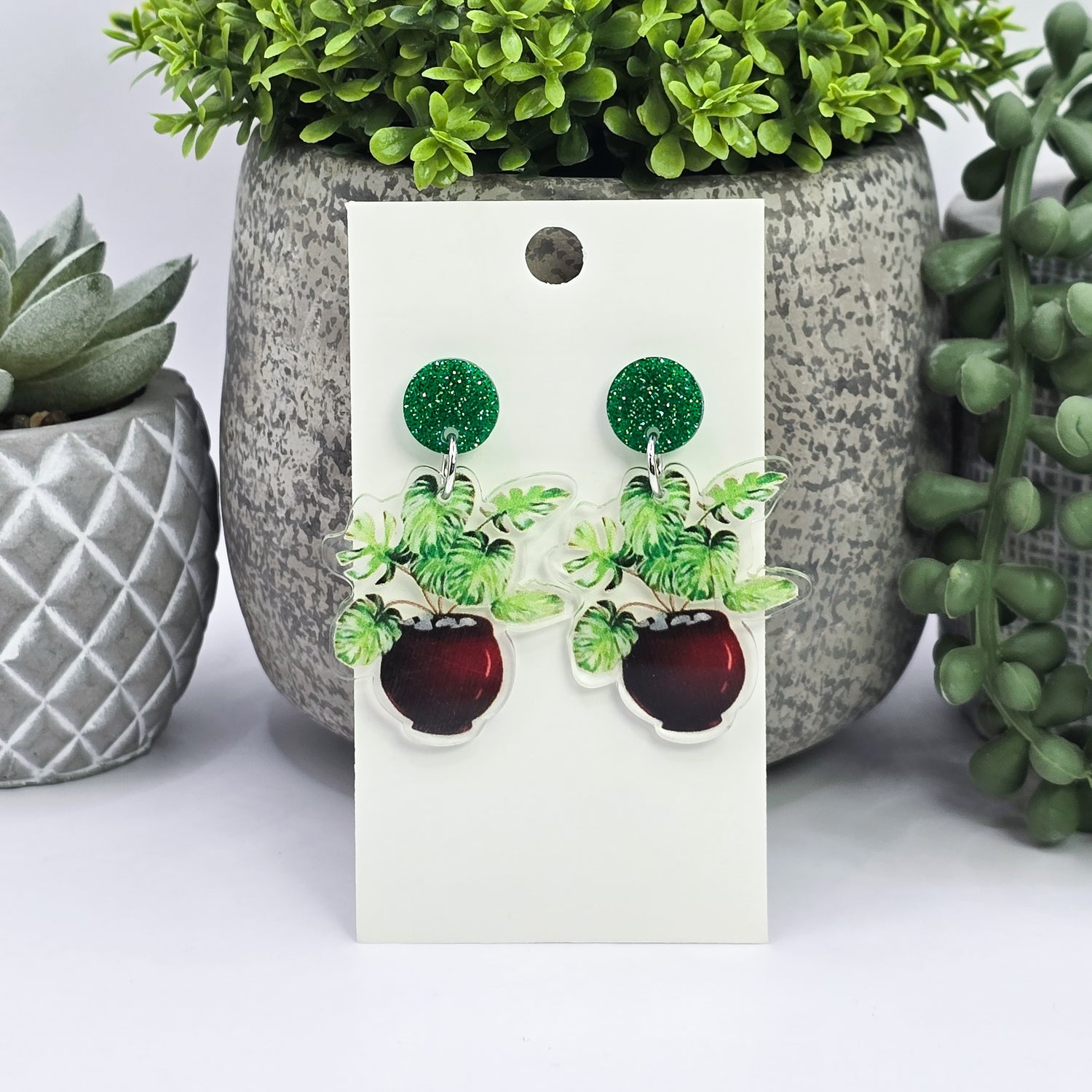 Monstera Potted Houseplant Acrylic Dangle Earrings