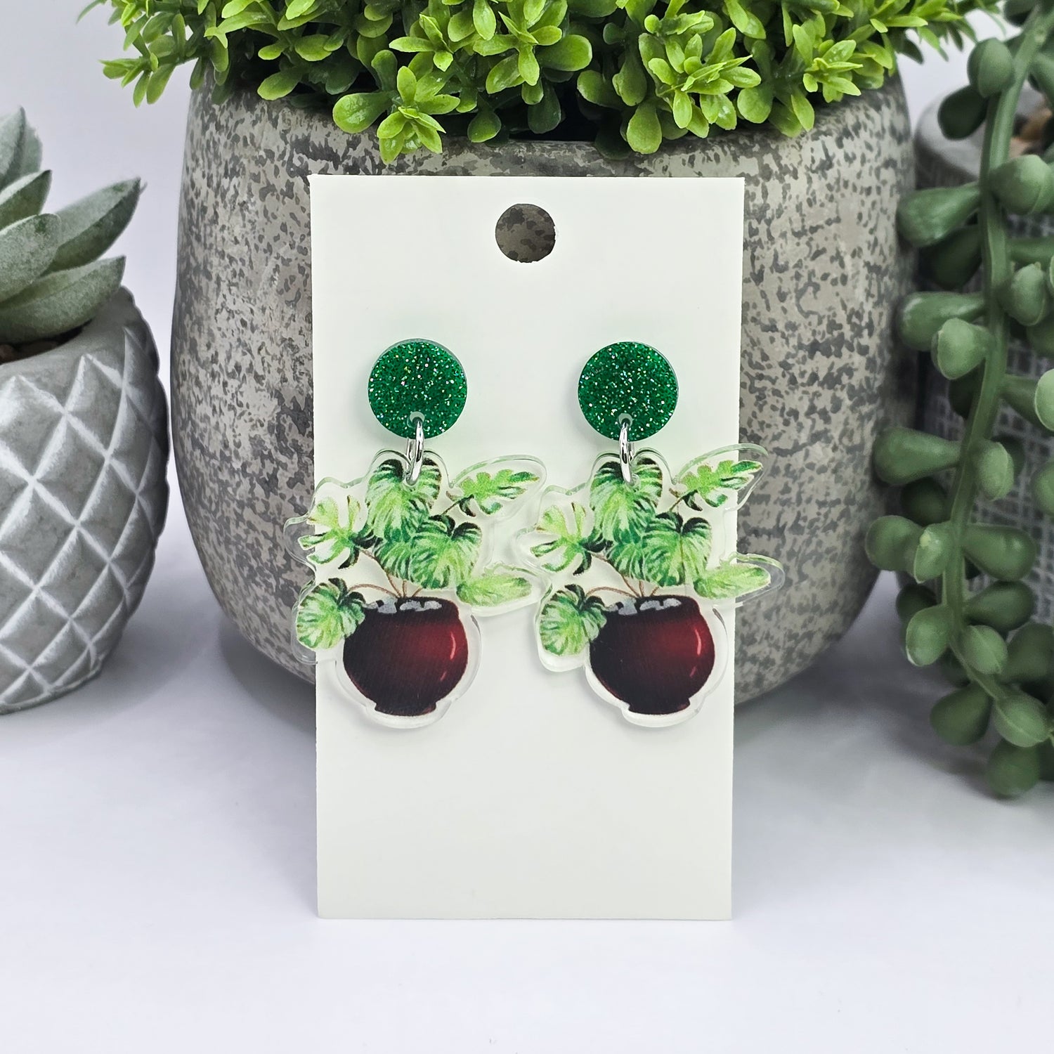 Monstera Potted Houseplant Acrylic Dangle Earrings