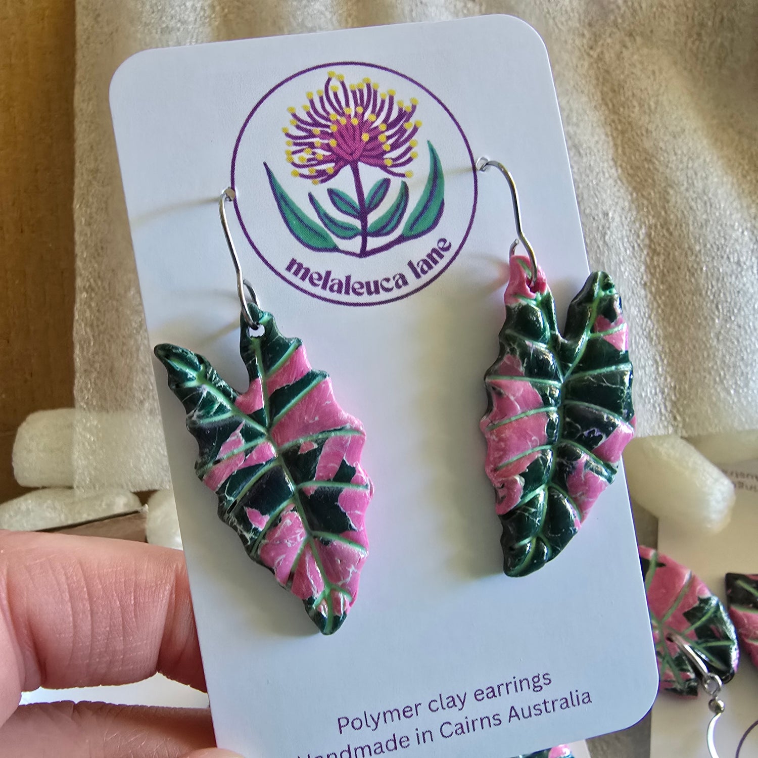 Alocasia Amazonica Pink Variegated Dangle Houseplant Clay Earrings